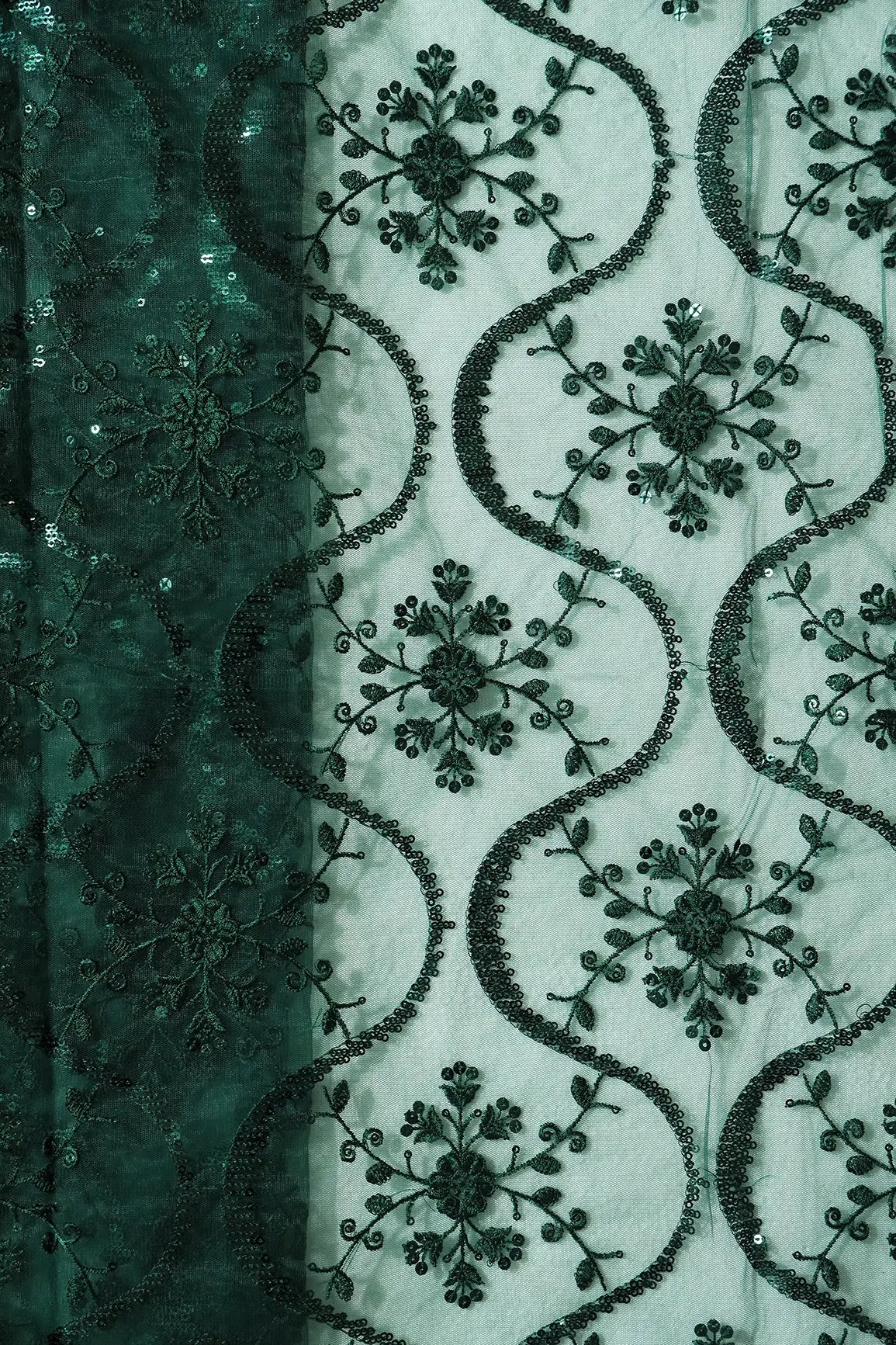 1.75 Meter Cut Piece Of Green Sequins Green Thread Work Embroidery On Bottle Green Soft Net Fabric