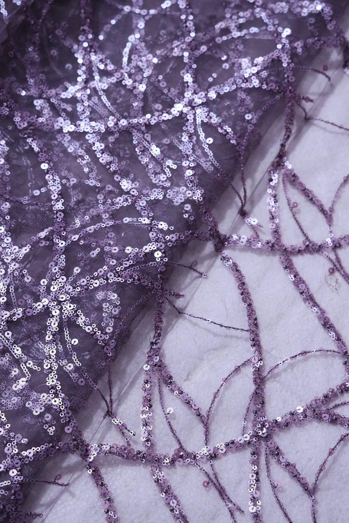 1.50 Meter Cut Piece Of Purple Sequins Work Embroidery On Purple Grey Soft Net Fabric