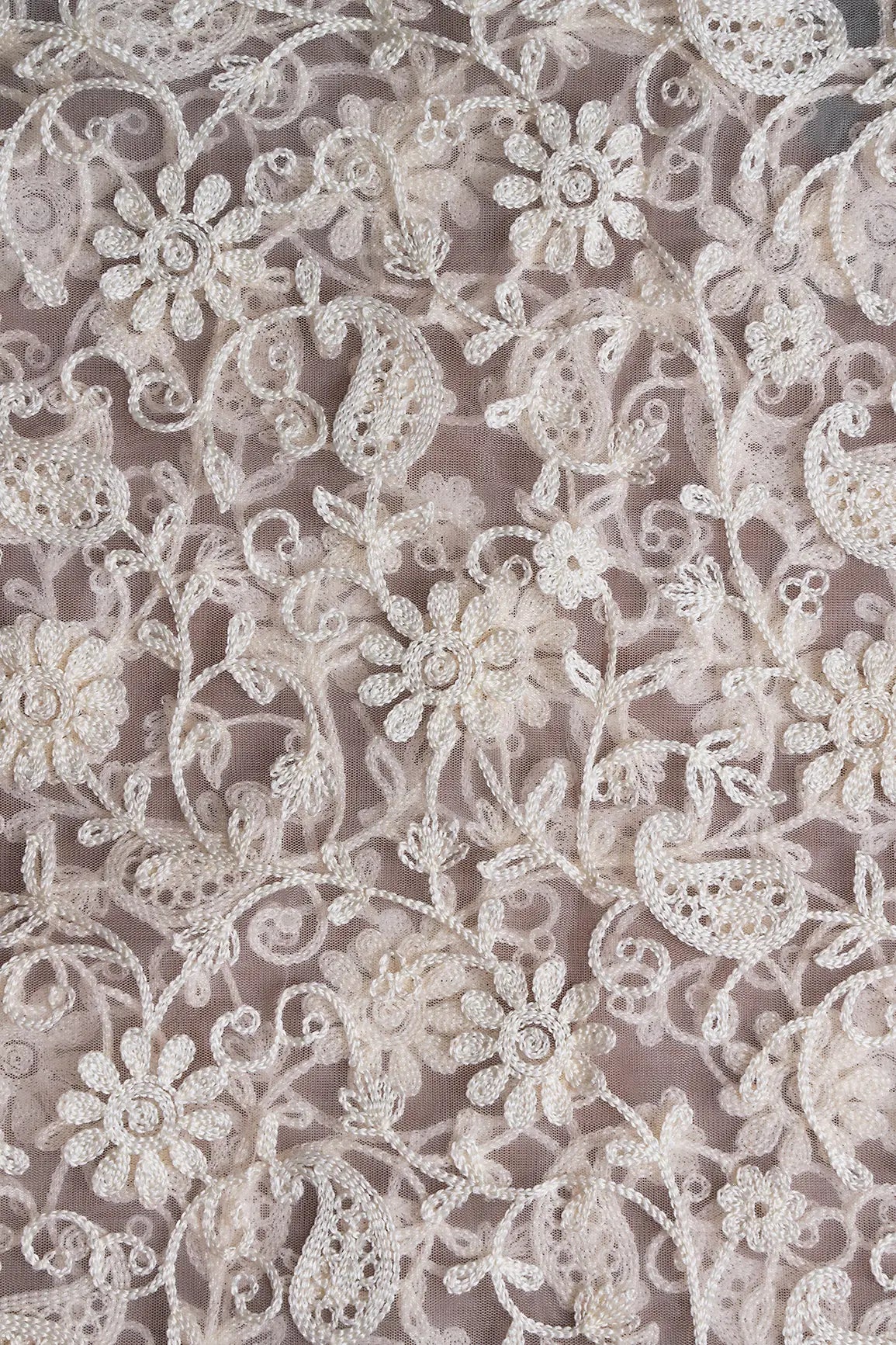 3.25 Meter Cut Piece Of White Thread Work Floral Embroidery On Baby Pink Soft Net Fabric