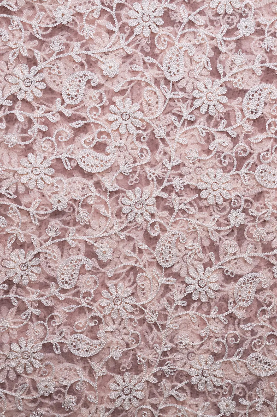 2.25 Meter Cut Piece Of White Thread Work Floral Embroidery On Pink Soft Net Fabric