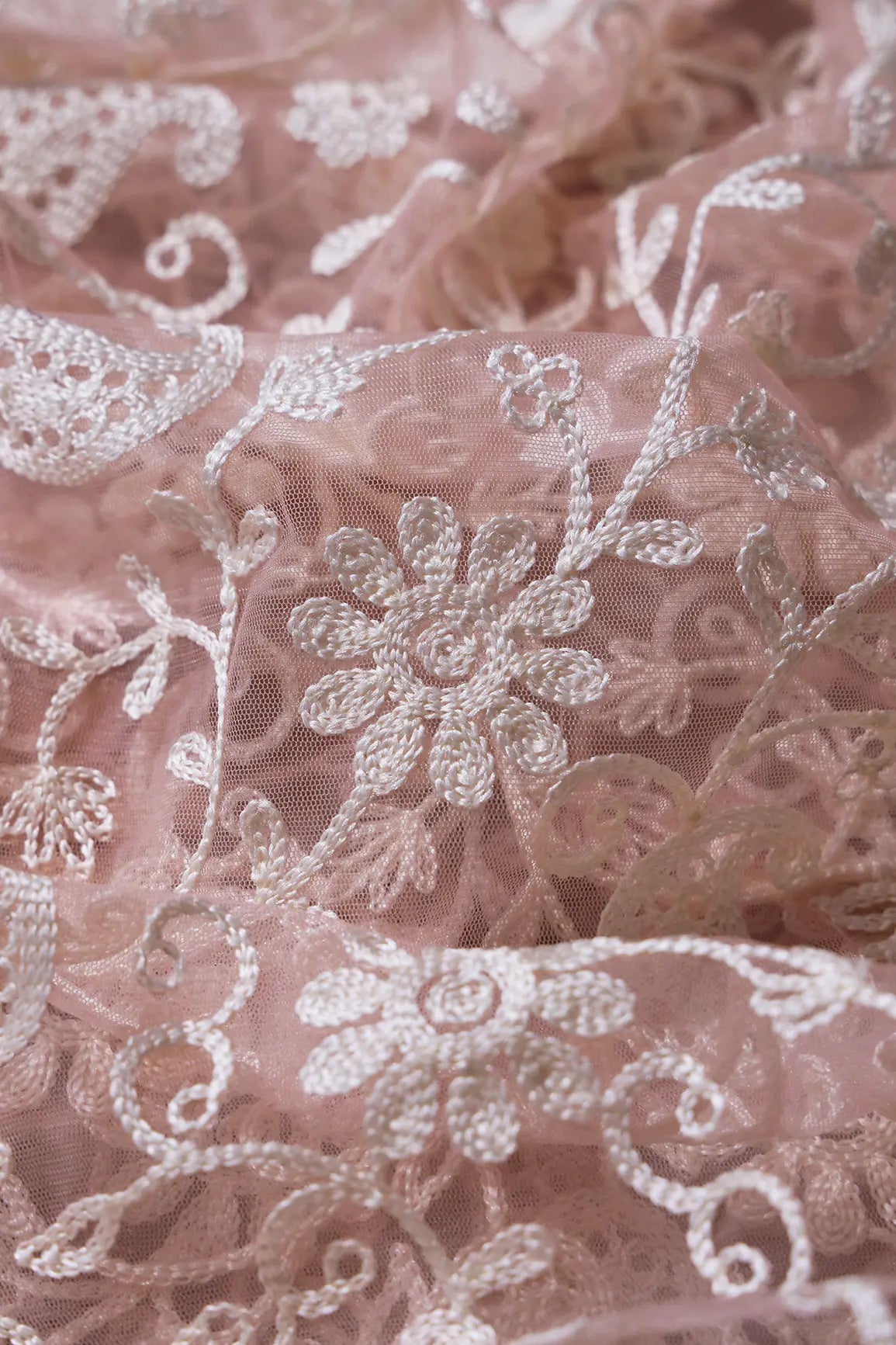 2.25 Meter Cut Piece Of White Thread Work Floral Embroidery On Pink Soft Net Fabric