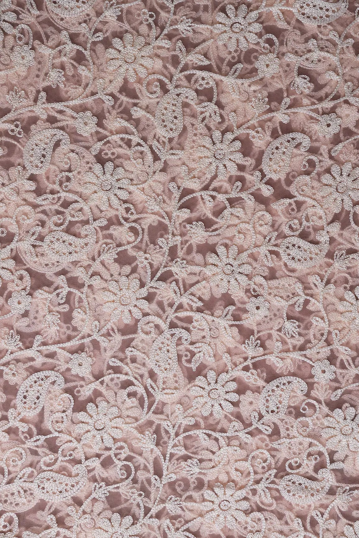 1.25 Meter Cut Piece Of White Thread Work Floral Embroidery On Pink Soft Net Fabric