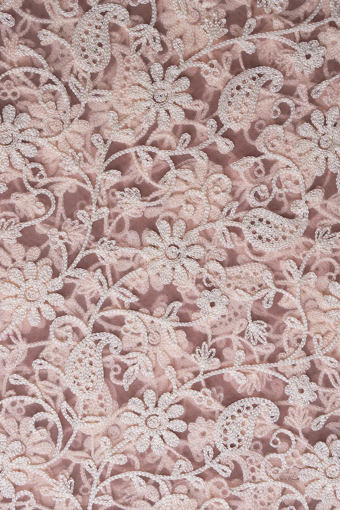 1.25 Meter Cut Piece Of White Thread Work Floral Embroidery On Pink Soft Net Fabric