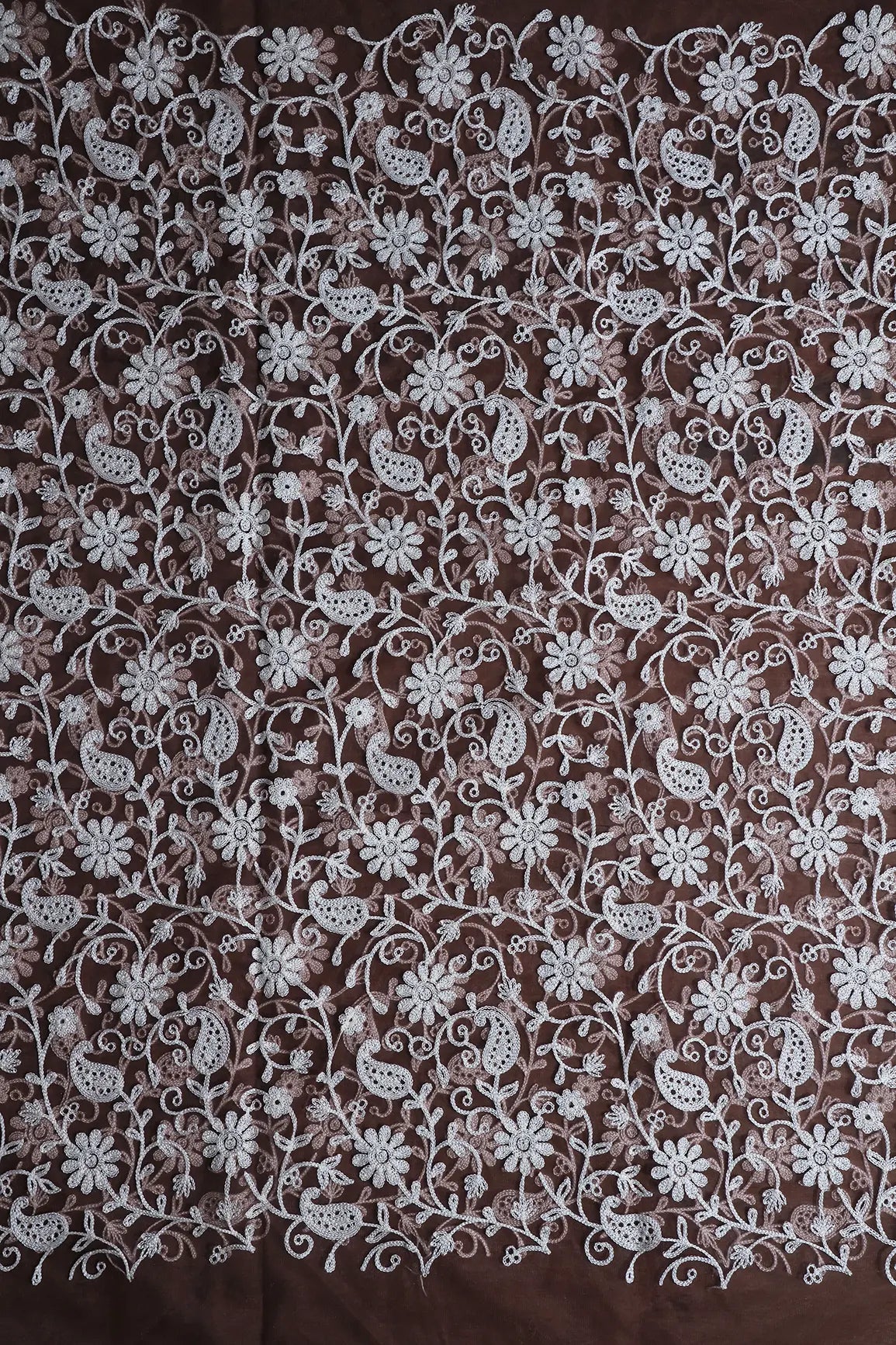 2.50 Meter Cut Piece Of White Thread Work Floral Embroidery On Brown Soft Net Fabric