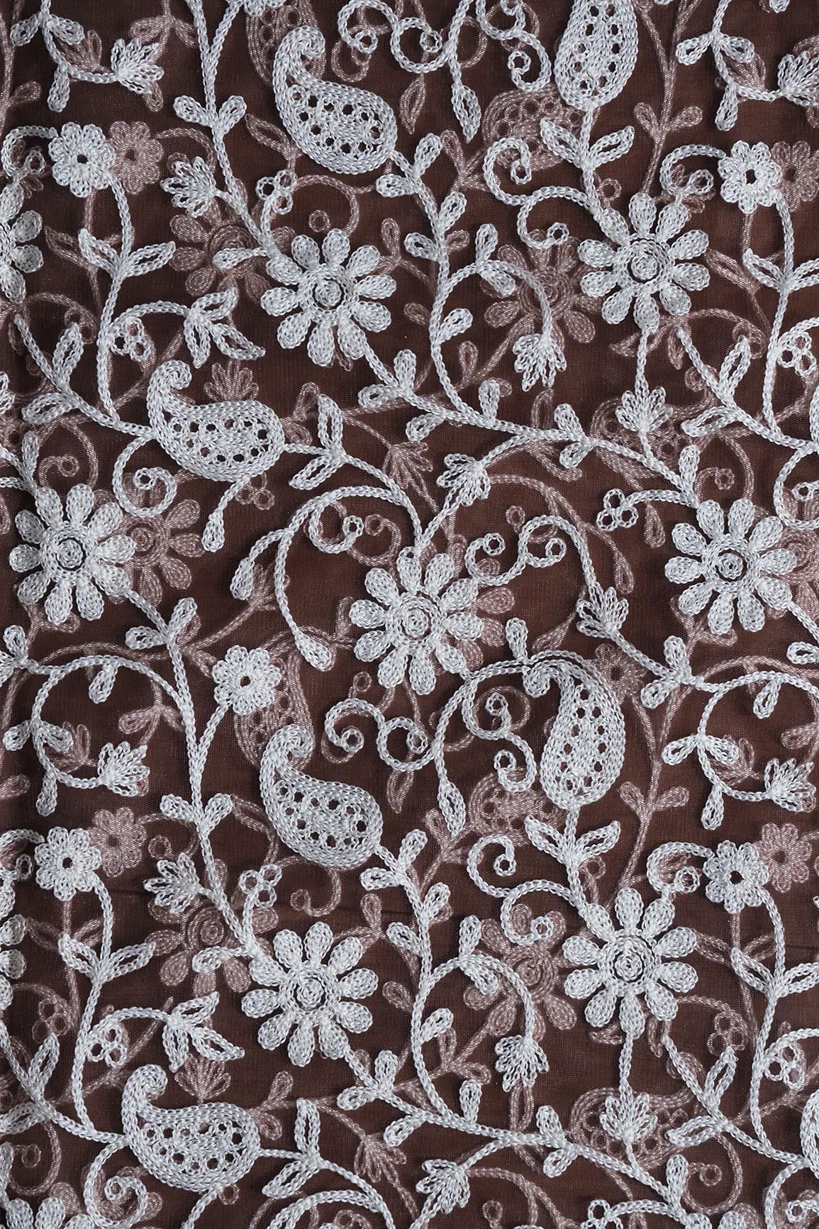 2.50 Meter Cut Piece Of White Thread Work Floral Embroidery On Brown Soft Net Fabric