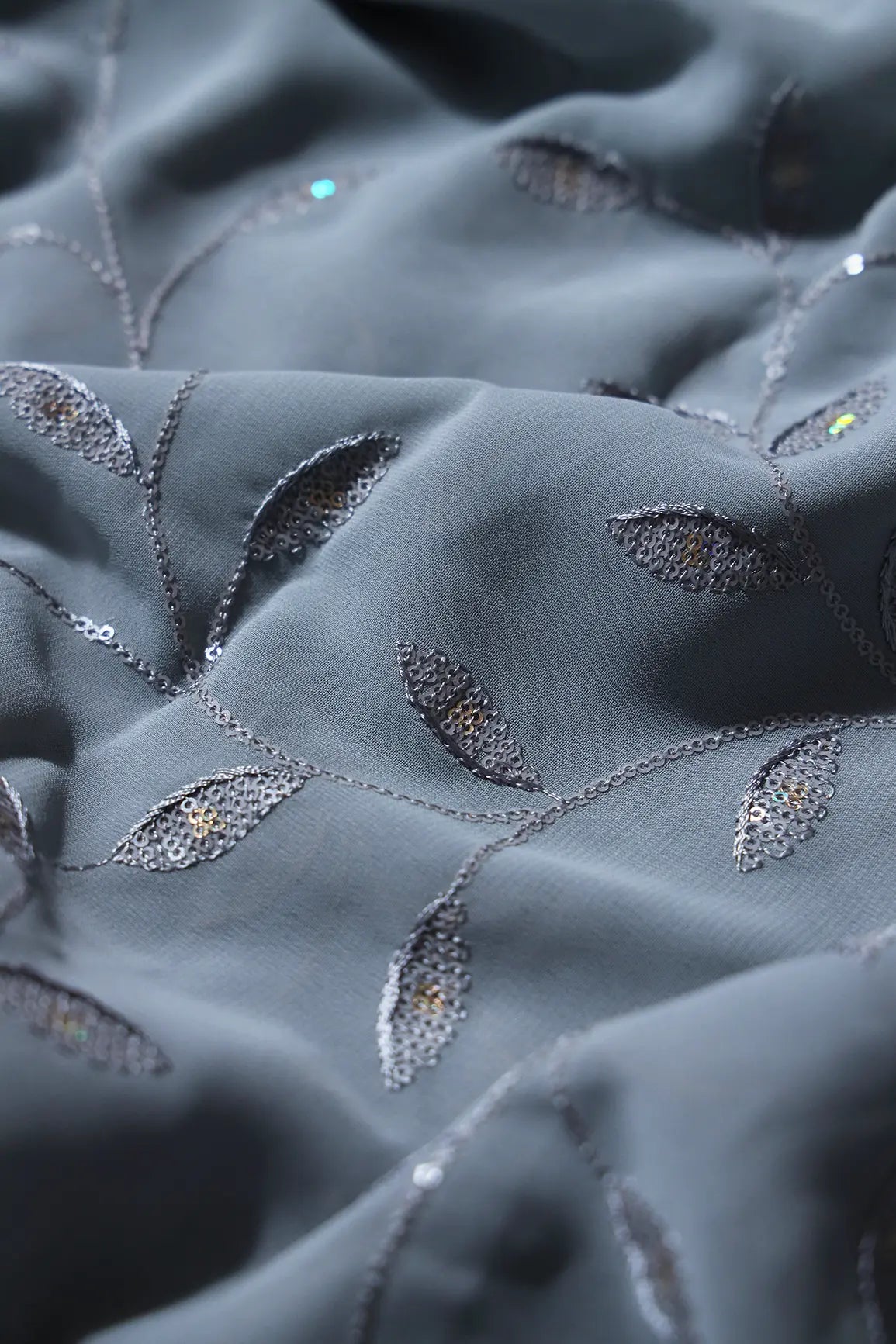 2 Meter Cut Piece Of Rainbow Sequins Leafy Embroidery On Grey Georgette Fabric