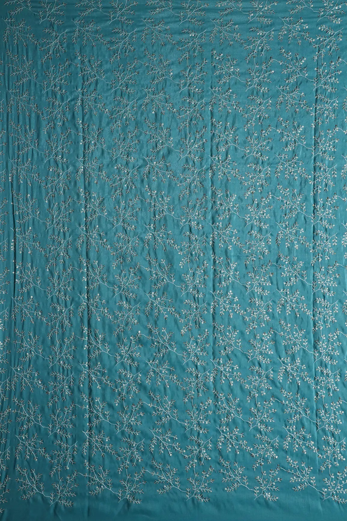 1.78 Meter Cut Piece Of White Thread With Gold Sequins Leafy Embroidery On Sky Blue Muslin Silk Fabric