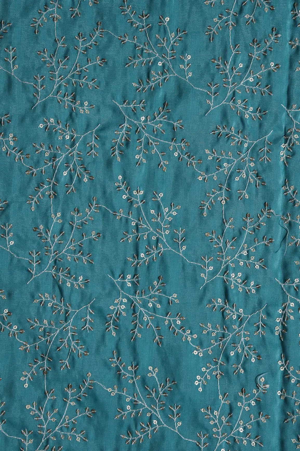 1.78 Meter Cut Piece Of White Thread With Gold Sequins Leafy Embroidery On Sky Blue Muslin Silk Fabric