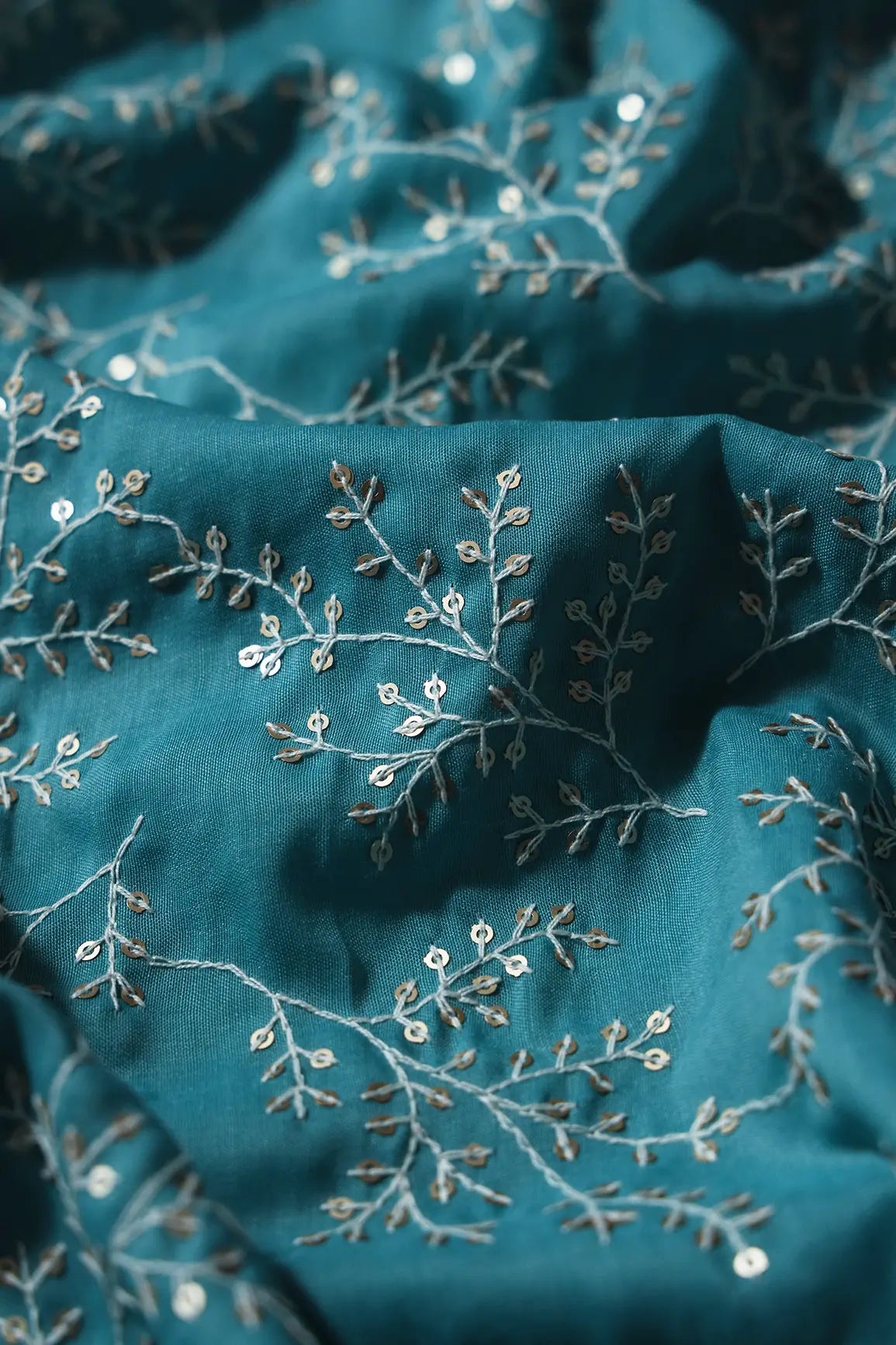 1.78 Meter Cut Piece Of White Thread With Gold Sequins Leafy Embroidery On Sky Blue Muslin Silk Fabric