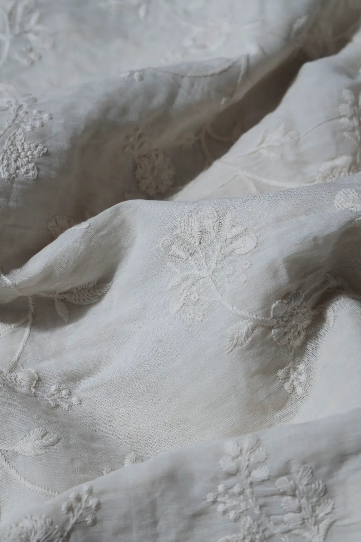 4.25 Meter Cut Piece Of White Thread Floral Embroidery Work On Off White Cotton Fabric