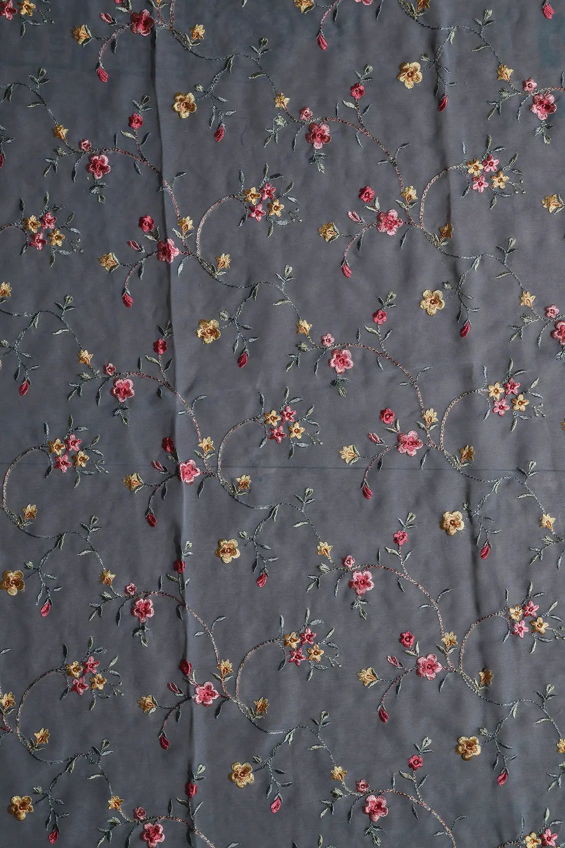 1 Meter Cut Piece Of Multi Thread Work Floral Embroidery On Grey Georgette Fabric