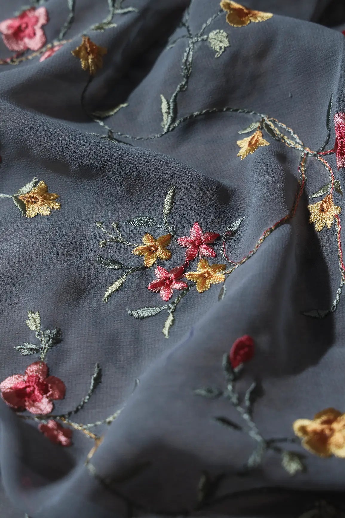 1 Meter Cut Piece Of Multi Thread Work Floral Embroidery On Grey Georgette Fabric