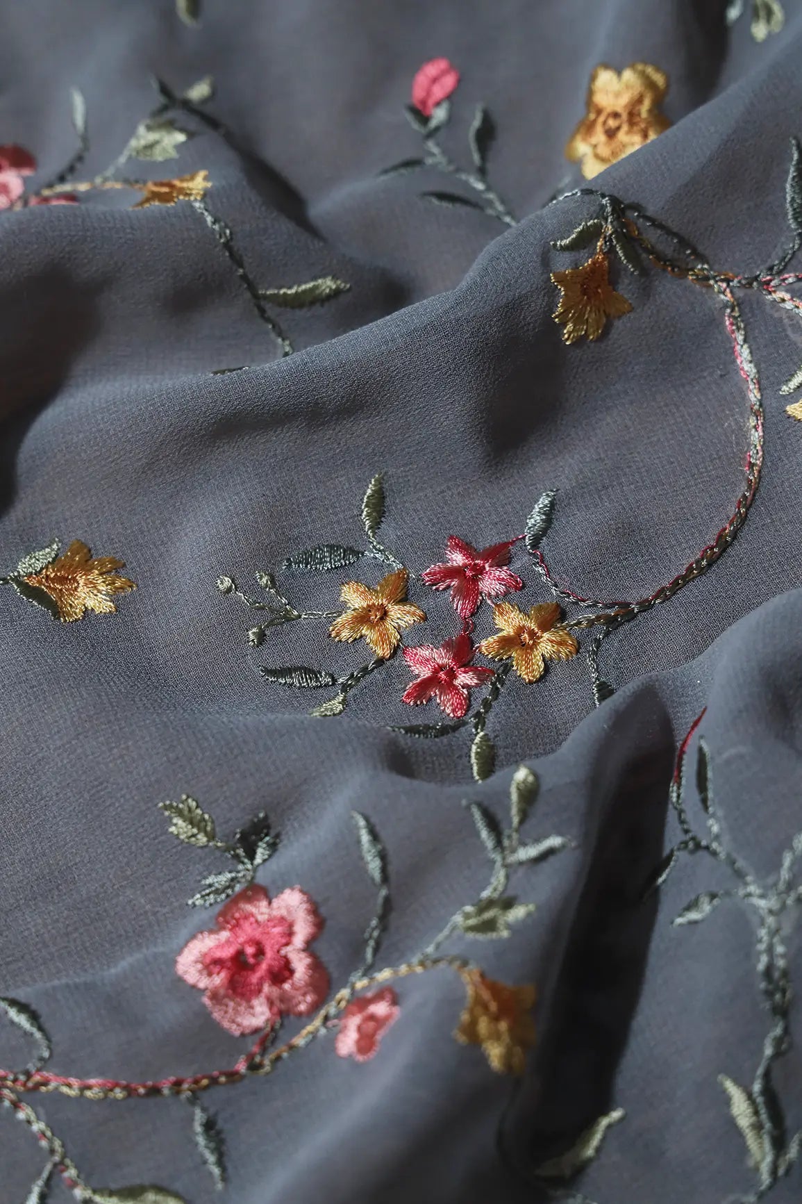 1 Meter Cut Piece Of Multi Thread Work Floral Embroidery On Grey Georgette Fabric