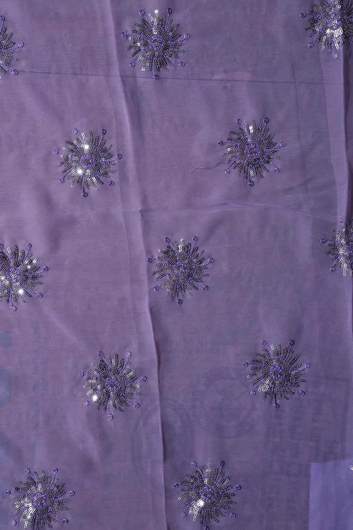 0.90 Meter Cut Piece Of Silver Sequins With Thread Work Floral Embroidery On Lilac Georgette Fabric