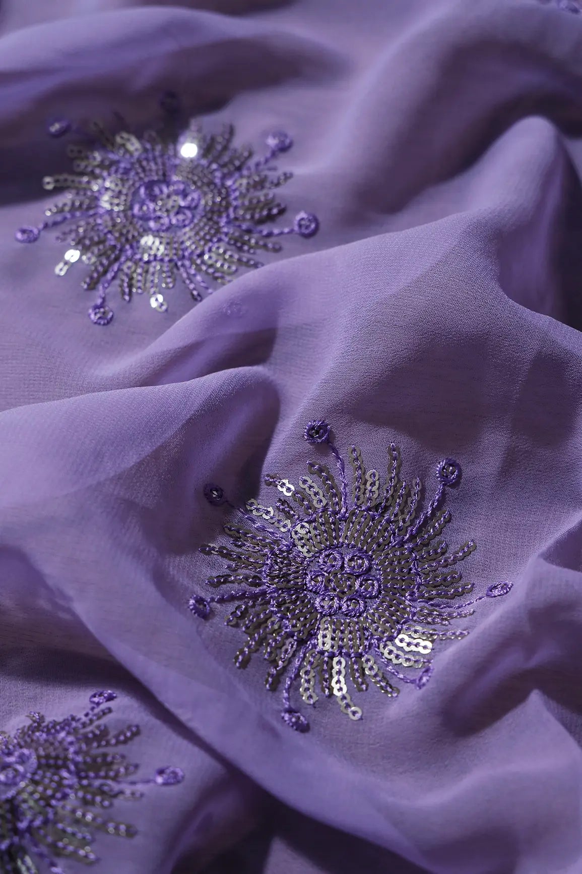 0.90 Meter Cut Piece Of Silver Sequins With Thread Work Floral Embroidery On Lilac Georgette Fabric