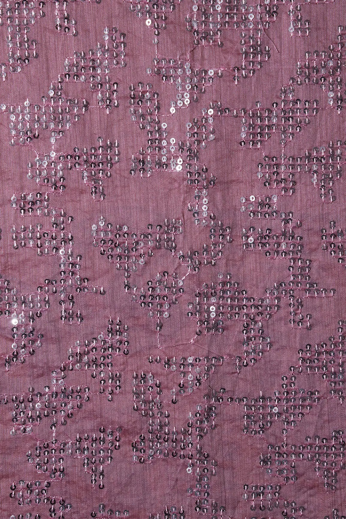 1.40 Meter Cut Piece Of Silver Sequins Abstract Embroidery Work On Pink Chanderi Fabric