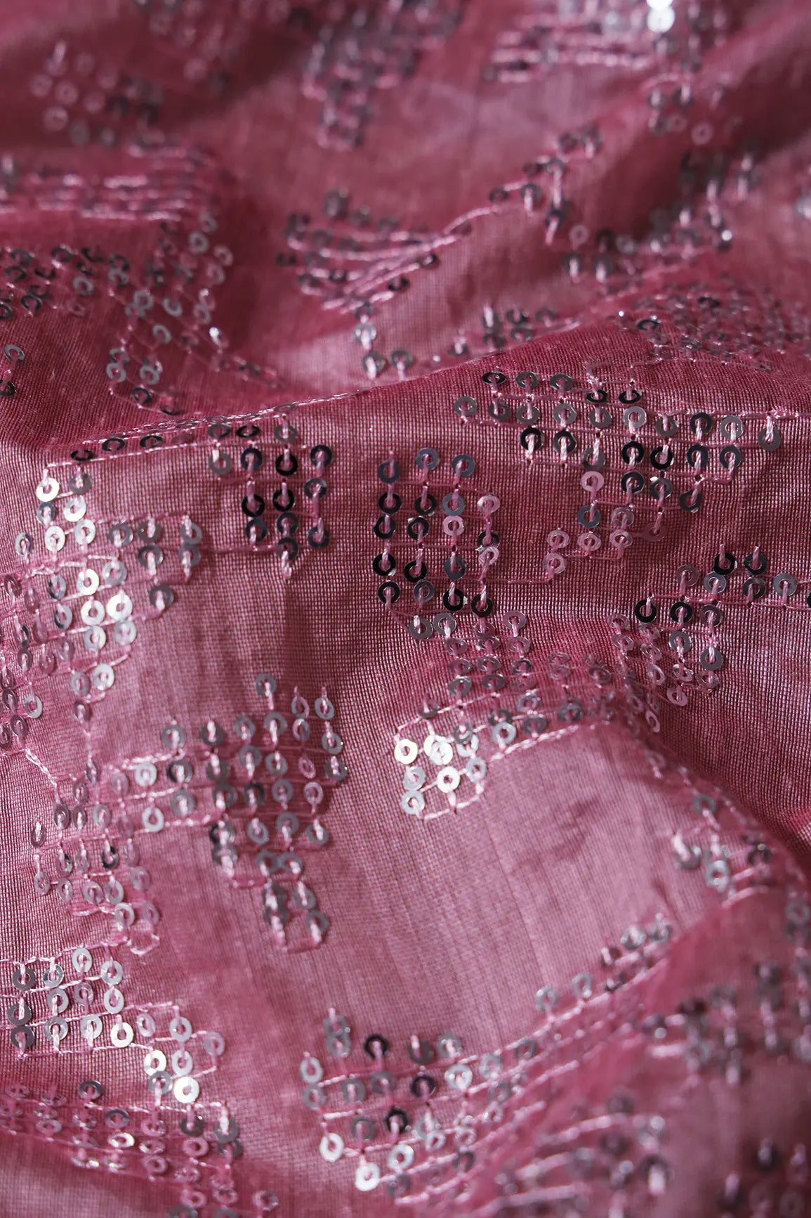 1.40 Meter Cut Piece Of Silver Sequins Abstract Embroidery Work On Pink Chanderi Fabric