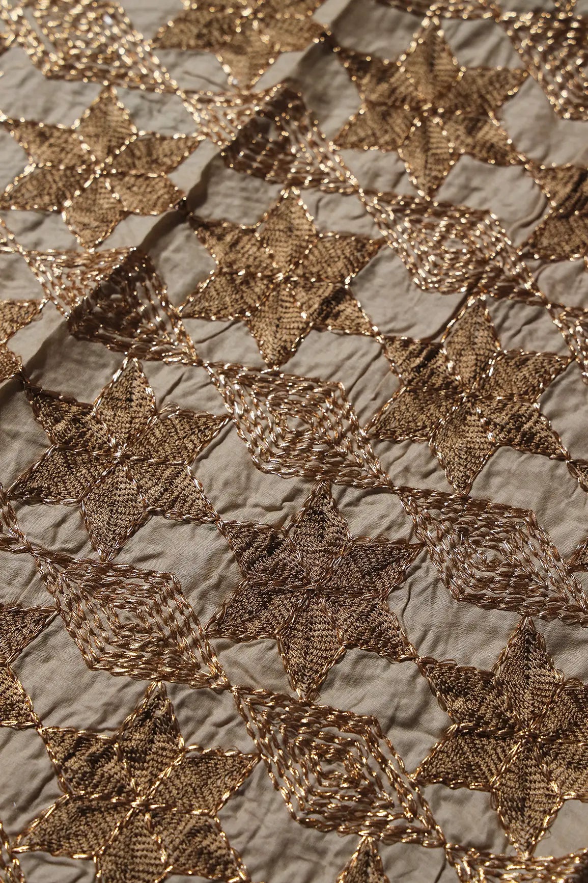 0.80 Meter Cut Piece Of Gold Zari Geometric Embroidery Work On Beige Cotton Fabric