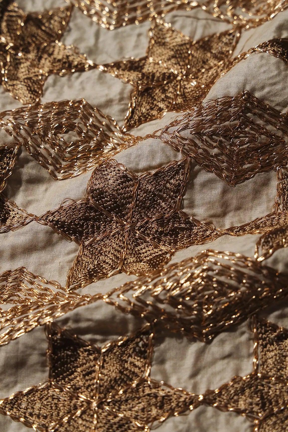 0.80 Meter Cut Piece Of Gold Zari Geometric Embroidery Work On Beige Cotton Fabric