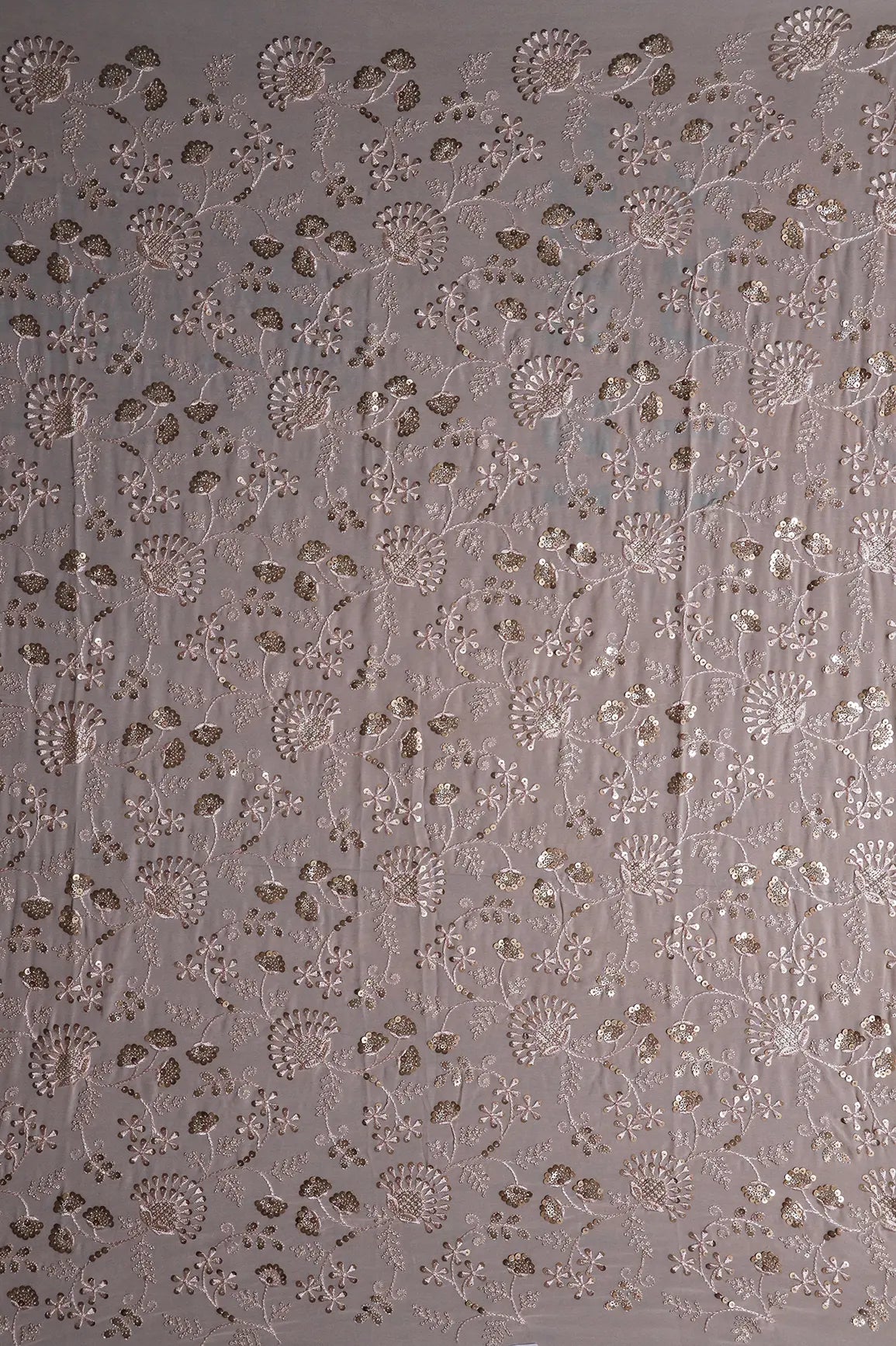 0.90 Meter Cut Piece Of Peach Thread With Gold Sequins Floral Embroidery On Light Peach Georgette Fabric