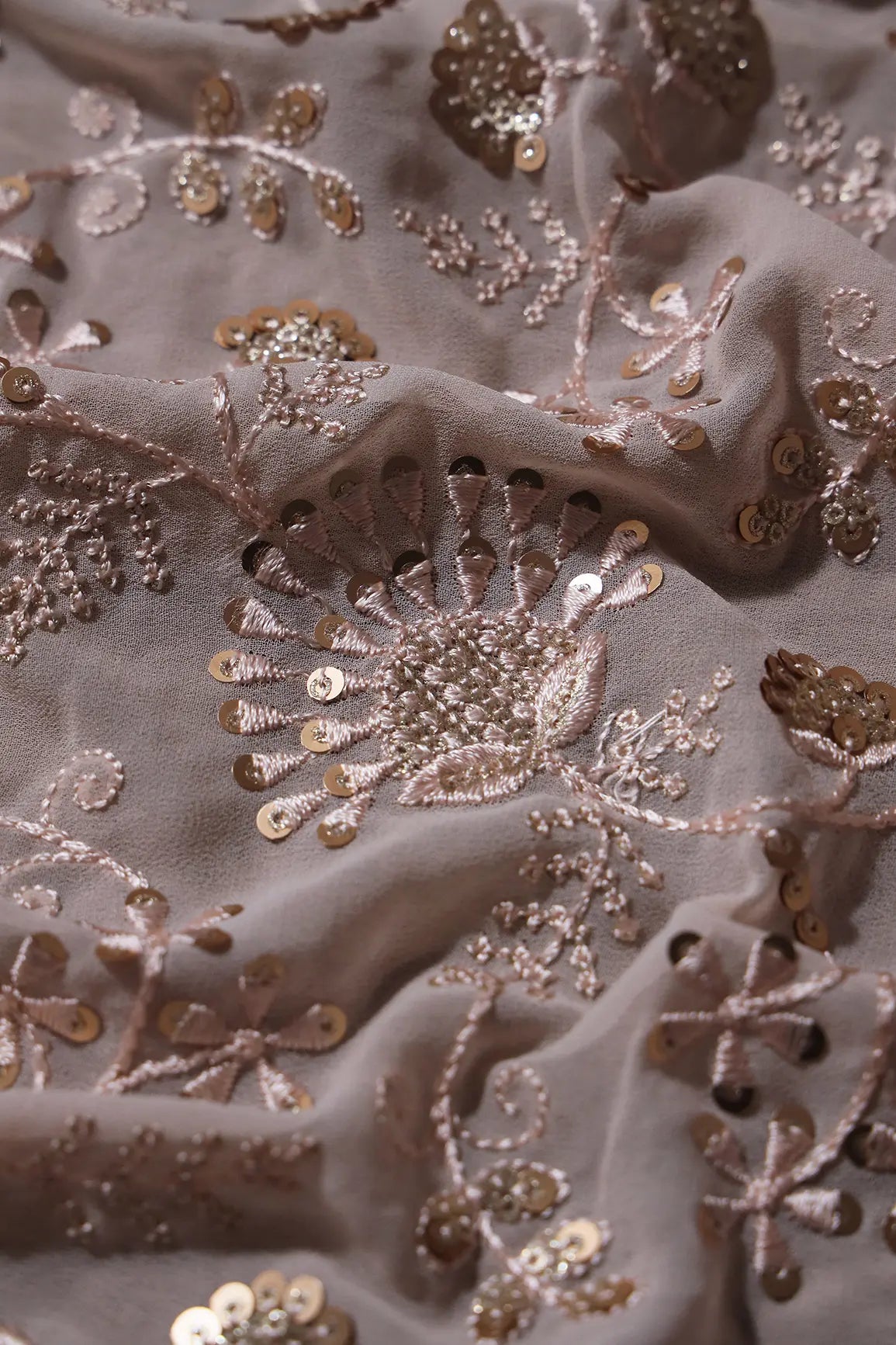 0.90 Meter Cut Piece Of Peach Thread With Gold Sequins Floral Embroidery On Light Peach Georgette Fabric