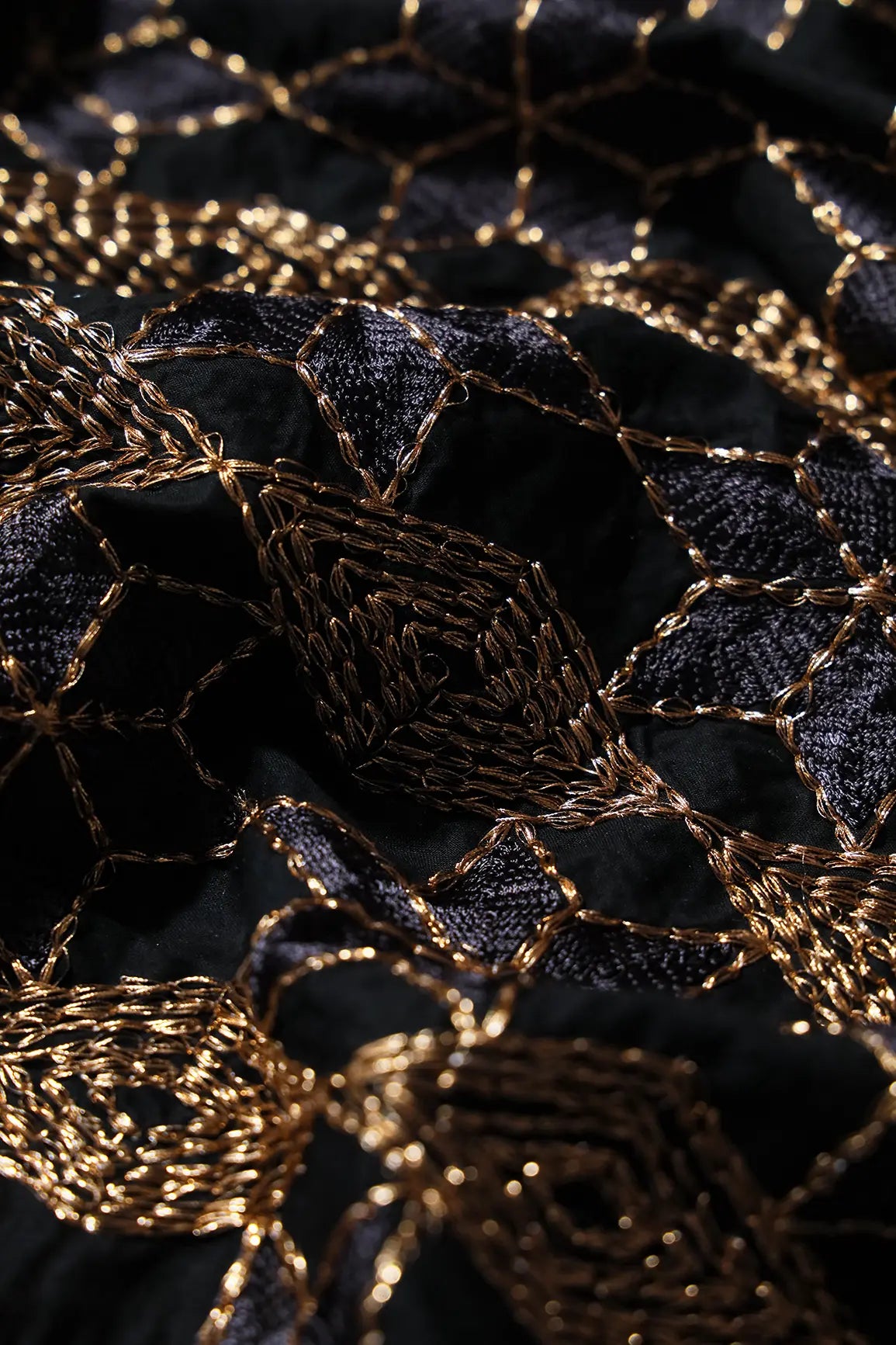 0.75 Meter Cut Piece Of Gold Zari Geometric Embroidery Work On Black Cotton Fabric