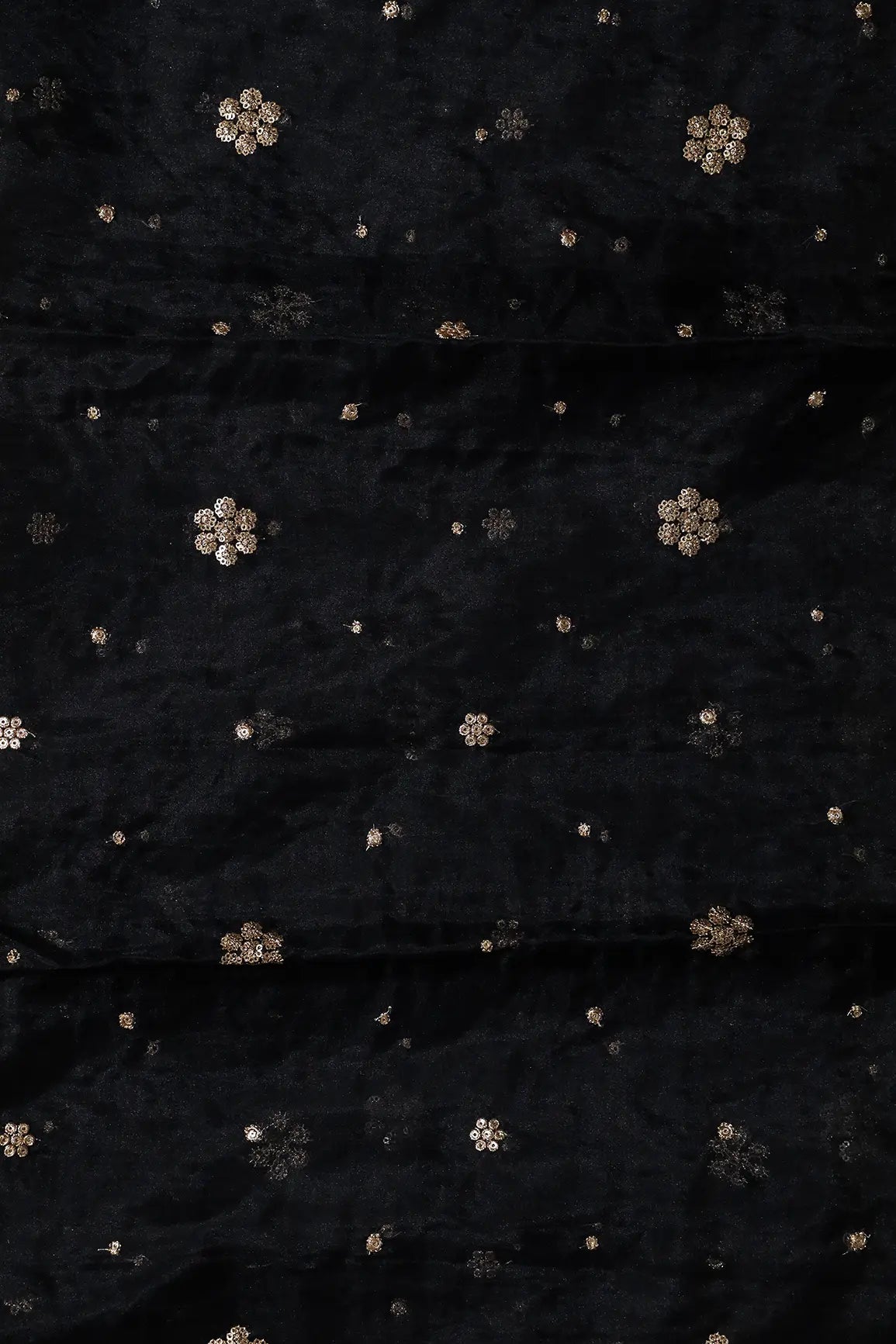 1.50 Meter Cut Piece Of Gold Sequins With Gold Zari Small Floral Embroidery On Black Organza Fabric