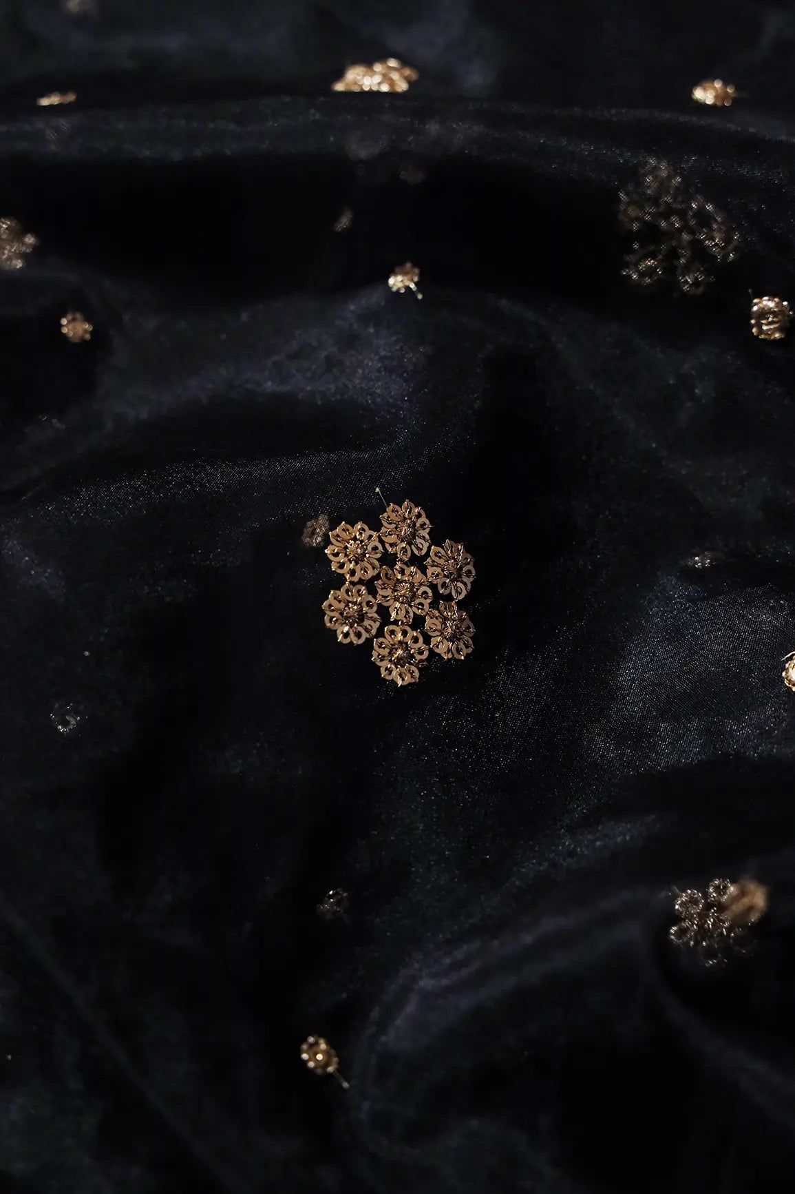 1.50 Meter Cut Piece Of Gold Sequins With Gold Zari Small Floral Embroidery On Black Organza Fabric