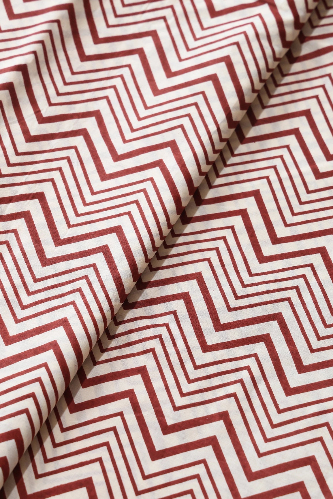 Dark Rust Brown And Cream Chevron Print On Pure Cotton Fabric