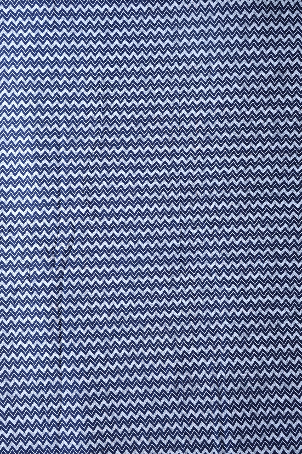 Navy Blue And White Chevron Print On Pure Cotton Fabric