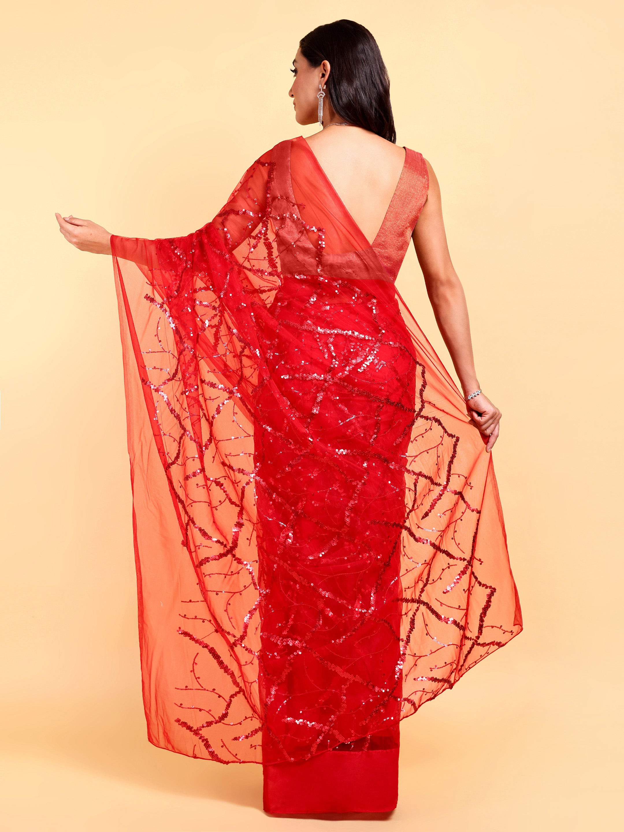 Red Net Saree Set (2 Piece)