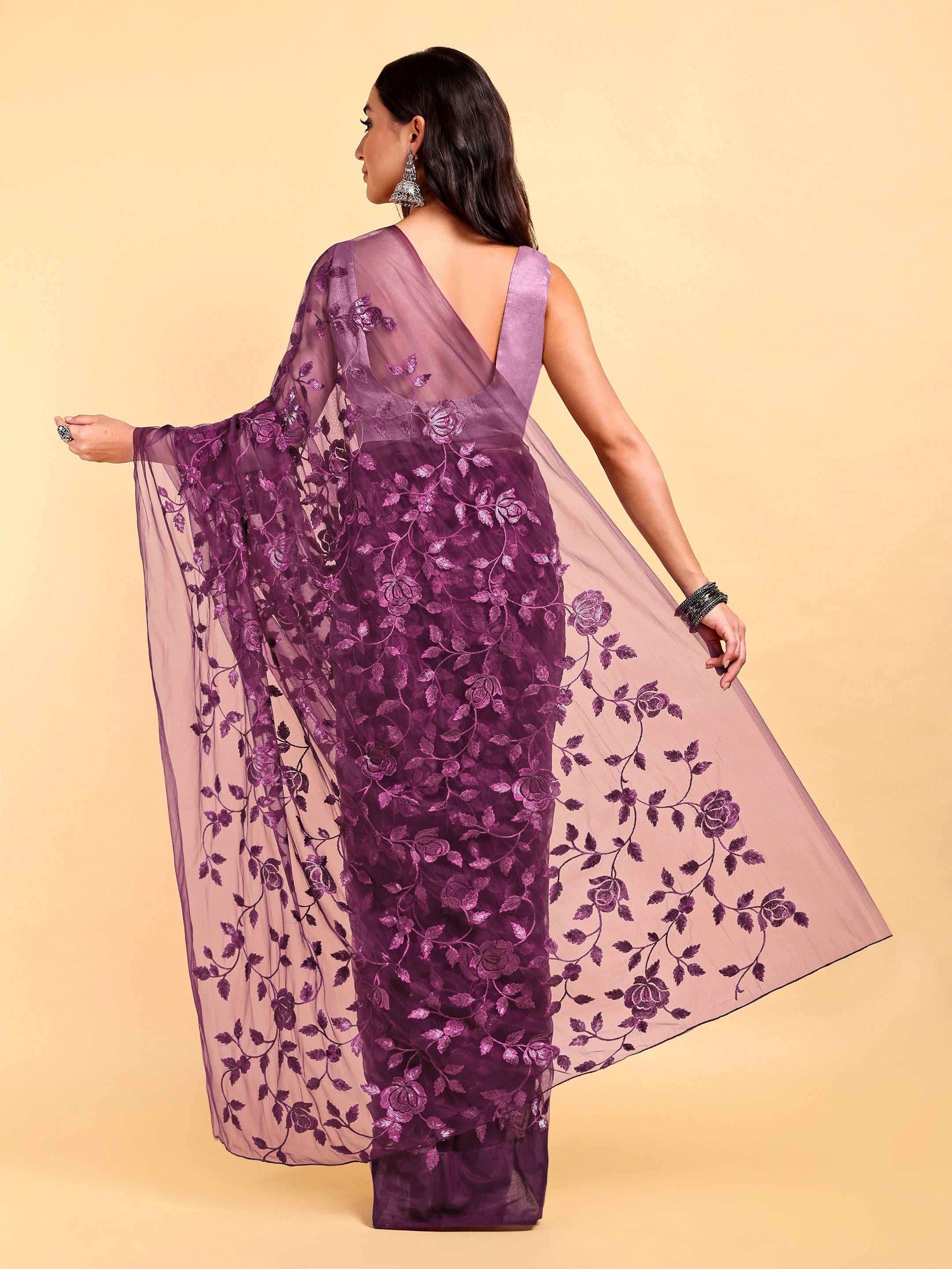 Wine Net Saree Set (2 Piece)