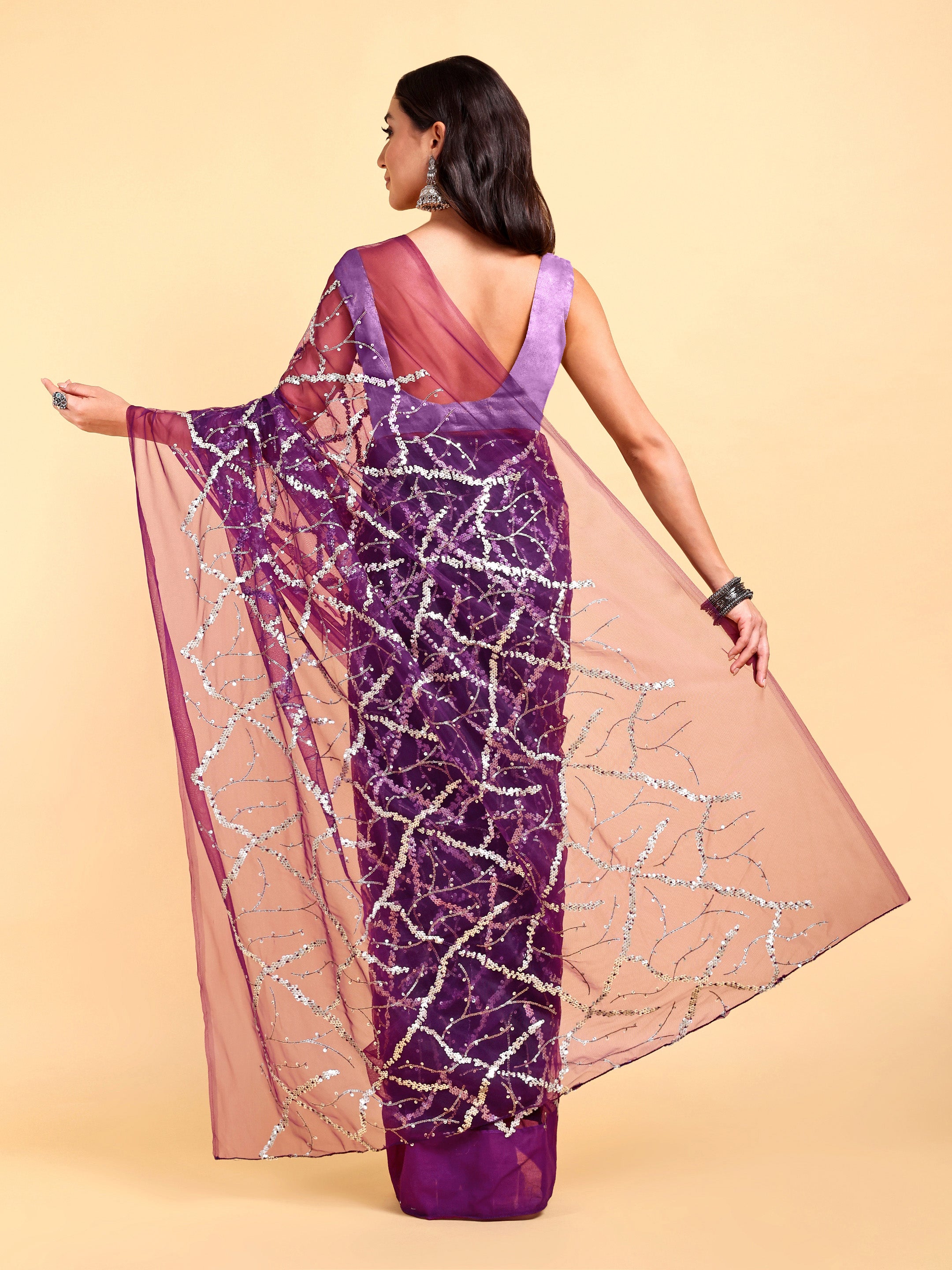 Wine Net Saree Set (2 Piece)