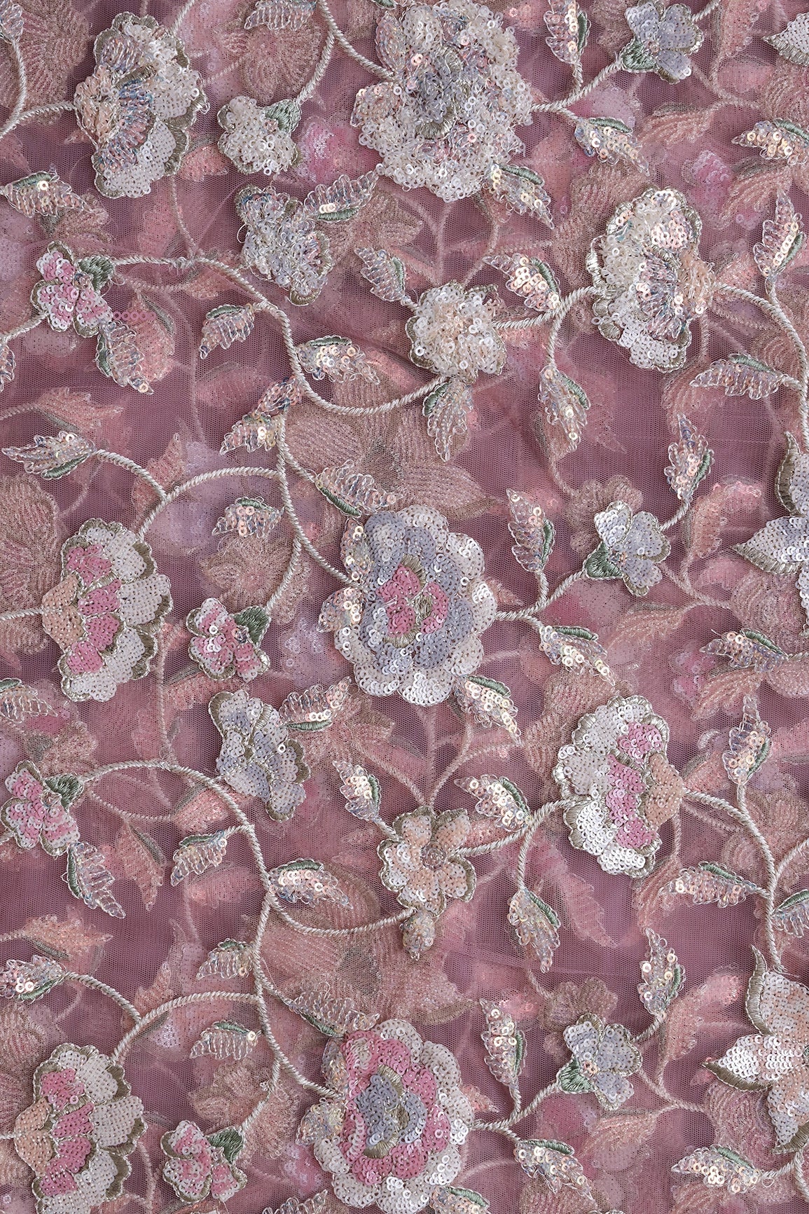 4 Meter Cut Piece Of White Thread With Multi Sequins Beautiful Floral Embroidery On Pink Soft Net Fabric - doeraa