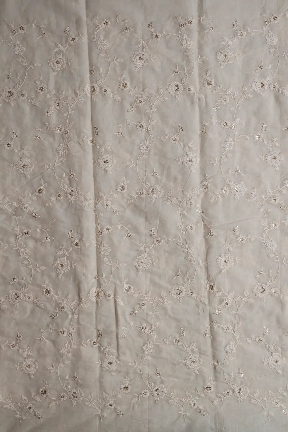 4 Meter Cut Piece Of White Thread With Sequins Floral Embroidery Work On Off White Organic Cotton Fabric - doeraa
