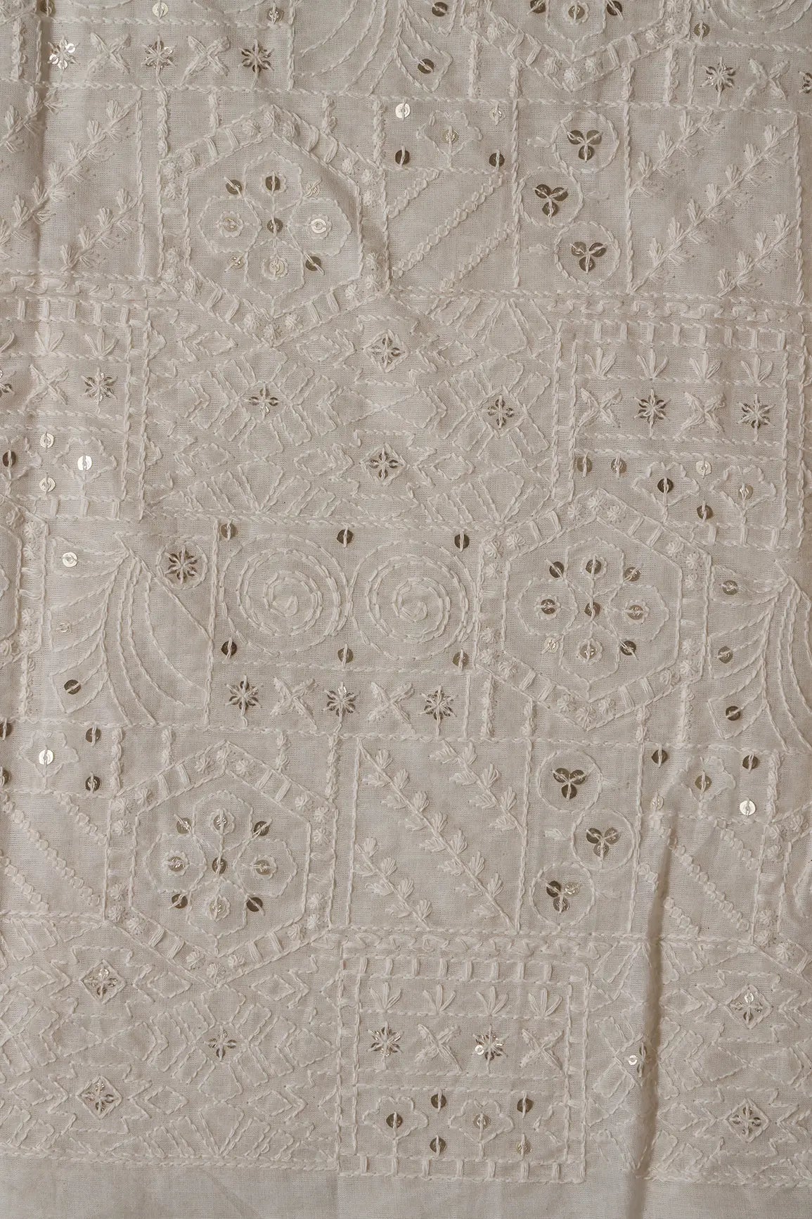 4 Meter Cut Piece Of White Thread With Sequins Geometric Embroidery Work On Off White Organic Cotton Fabric - doeraa