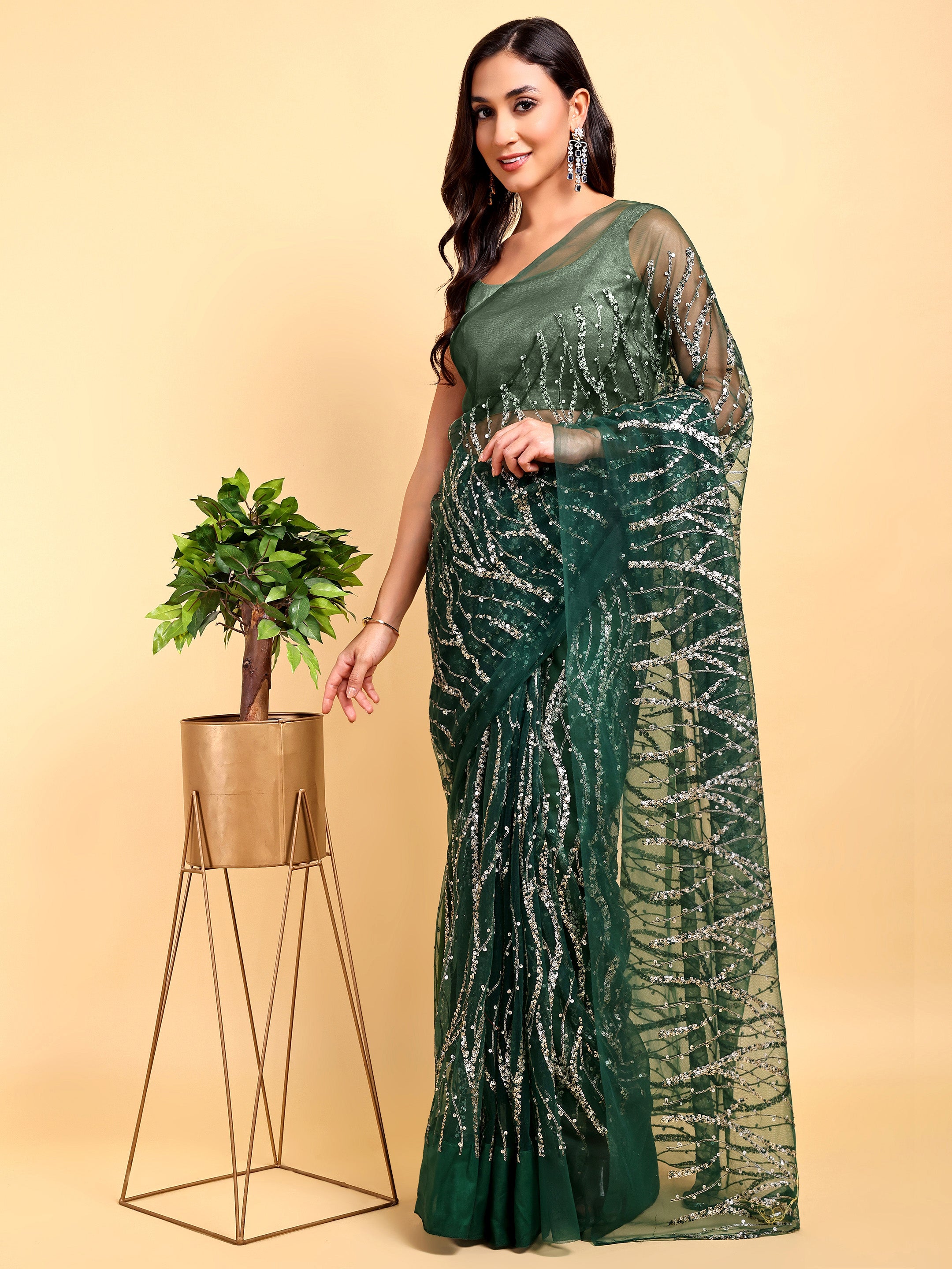 Bottle Green Saree Set (2 Piece)