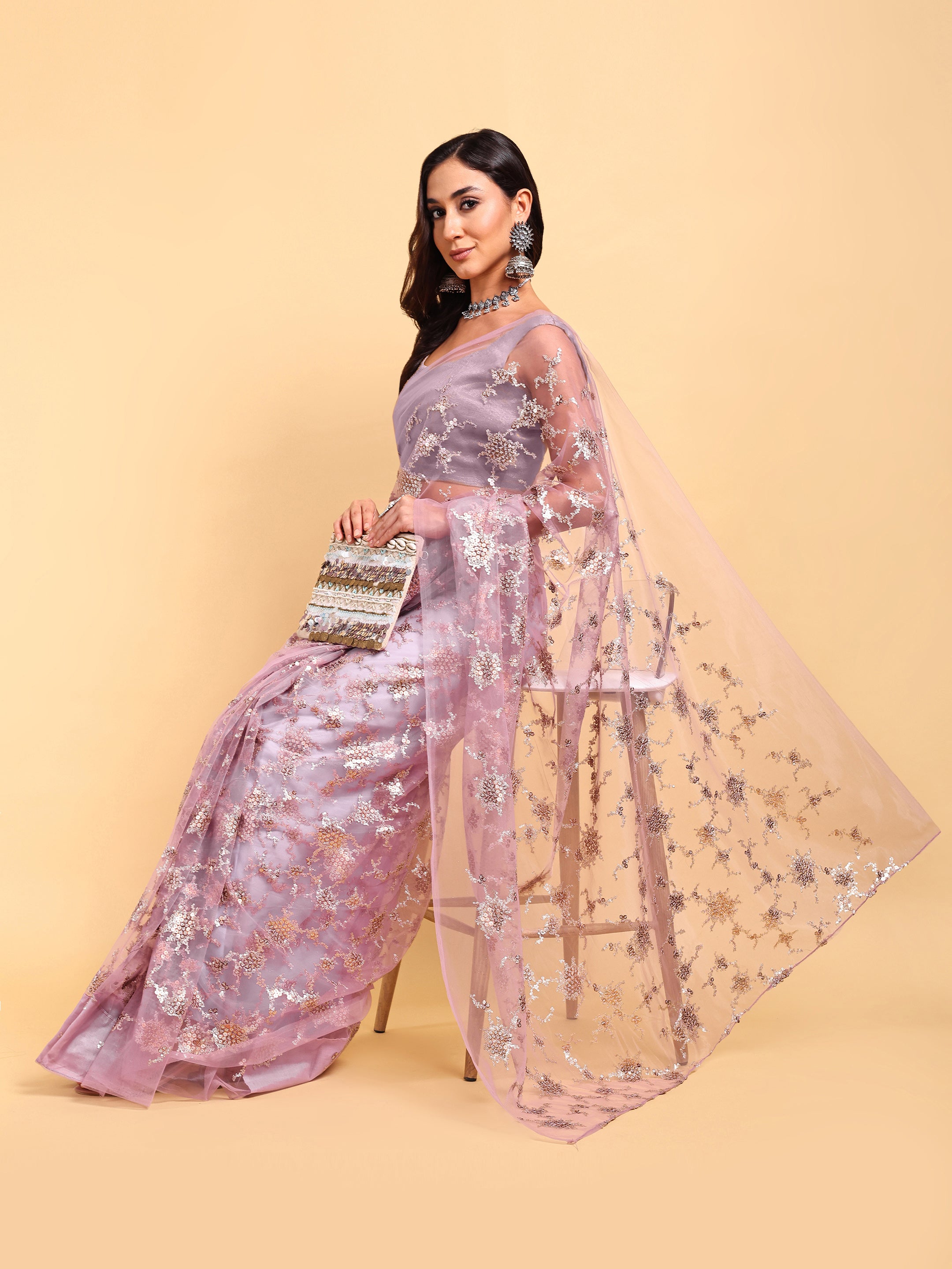 Lilac Purple Saree Set (2 Piece)