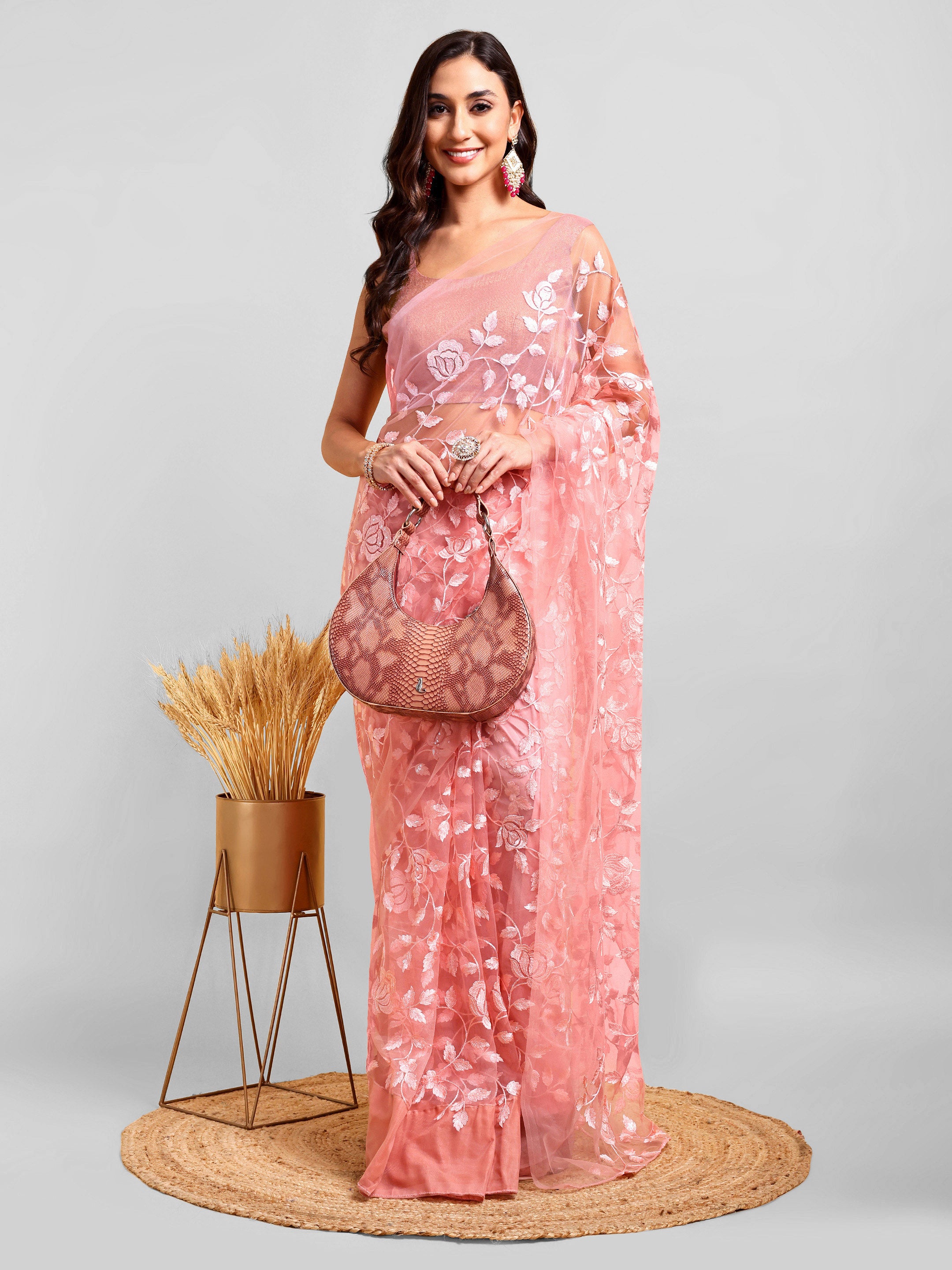 Pink Net Saree Set (2 Piece)