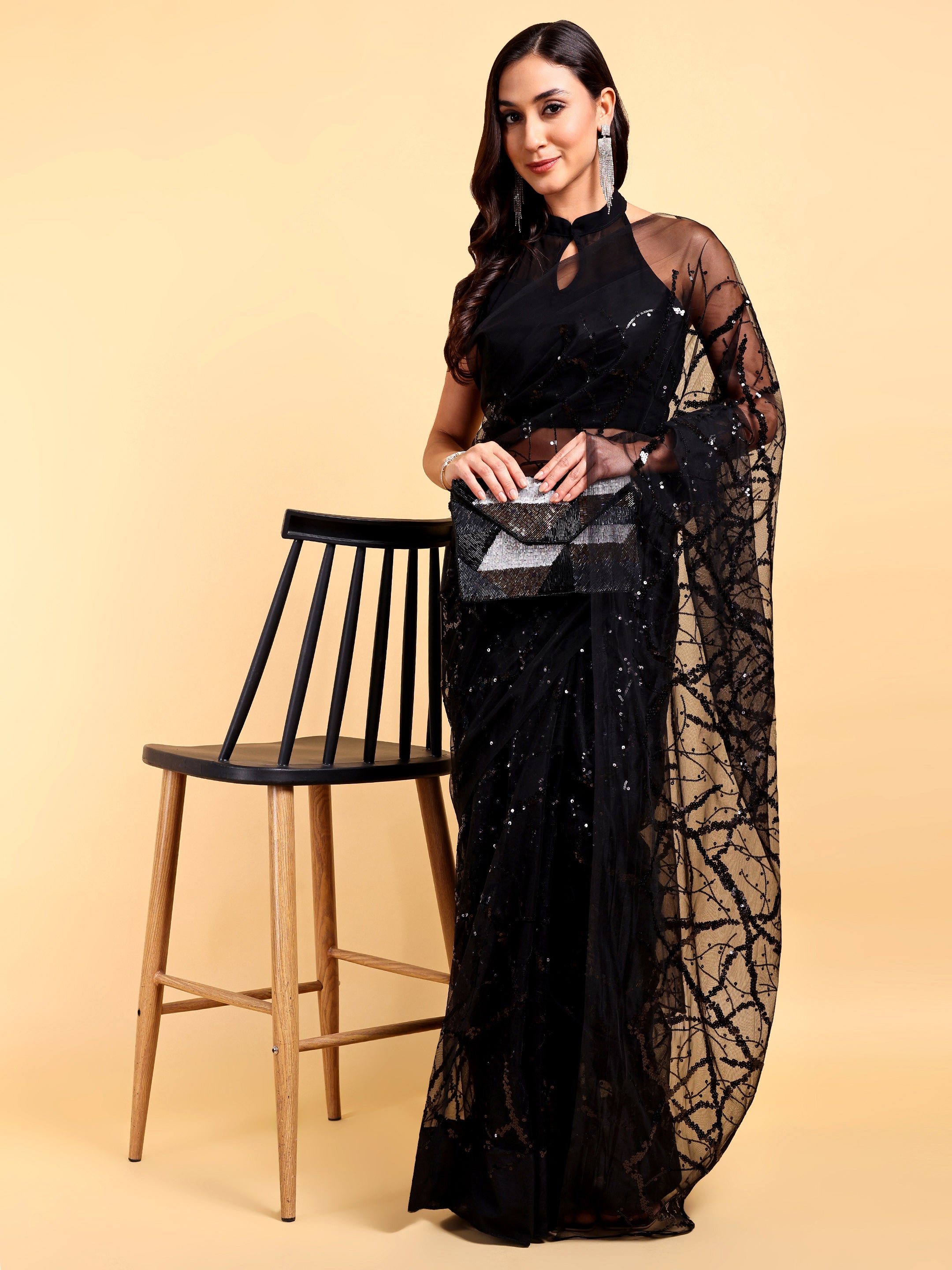 Black Net Saree Set (2 Piece)