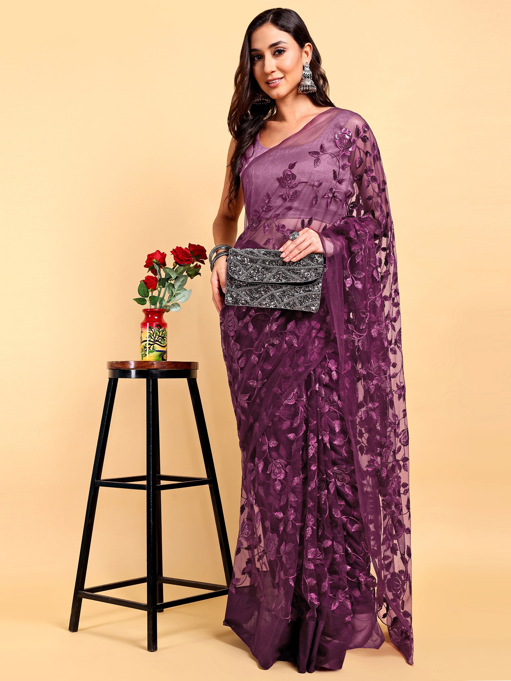 Wine Net Saree Set (2 Piece)