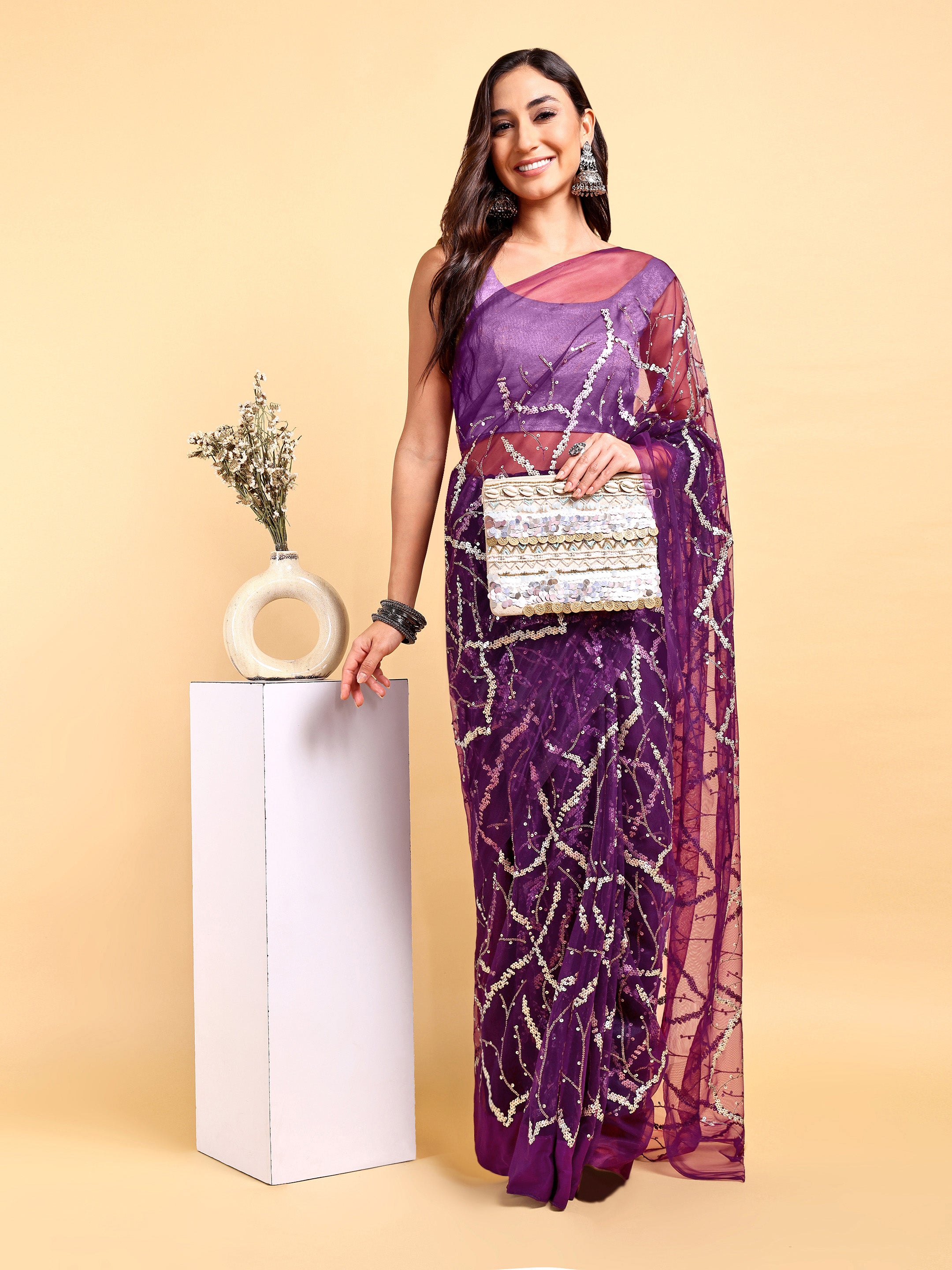 Wine Net Saree Set (2 Piece)