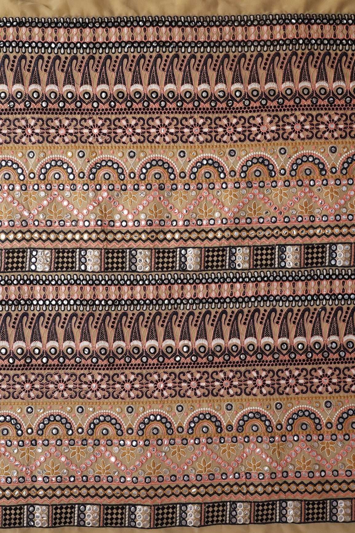 5 Meter Cut Piece Of Black And Beige Thread With Faux Mirror Gamthi Embroidery Work On Beige Georgette Fabric - doeraa