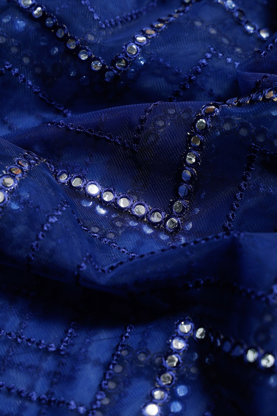 5.25 Meter Cut Piece Of Foux Mirror With Navy Blue Thread Chevron Embroidery Work On Navy Blue Soft Net Fabric - doeraa