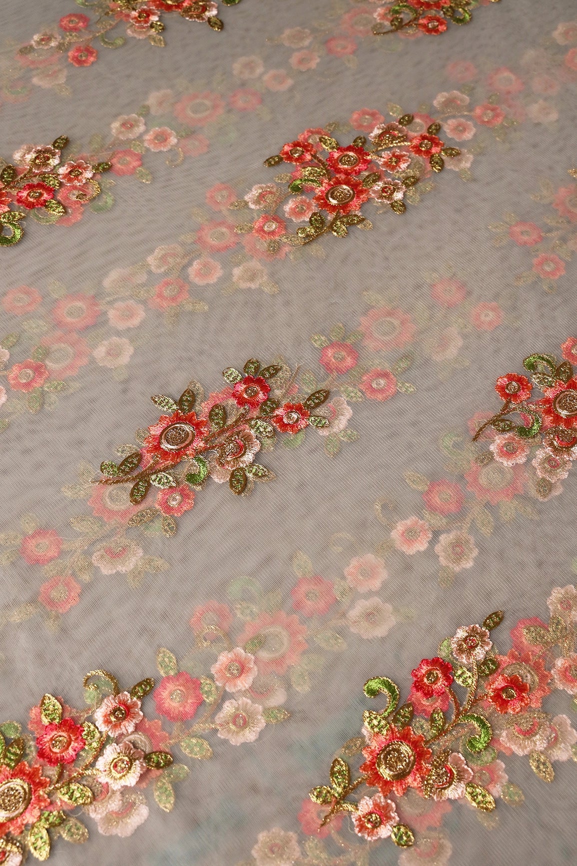 5.25 Meter Cut Piece Of Peach And Olive Thread With Sequins Floral Embroidery On Dusty Olive Soft Net Fabric - doeraa