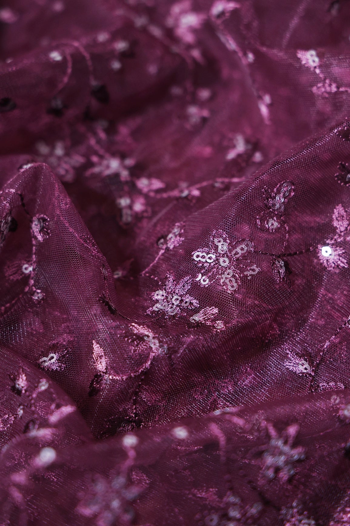 5.50 Meter Cut Piece Of Wine Thread With Gold Sequins Small Leafy Embroidery On Wine Soft Net Fabric - doeraa