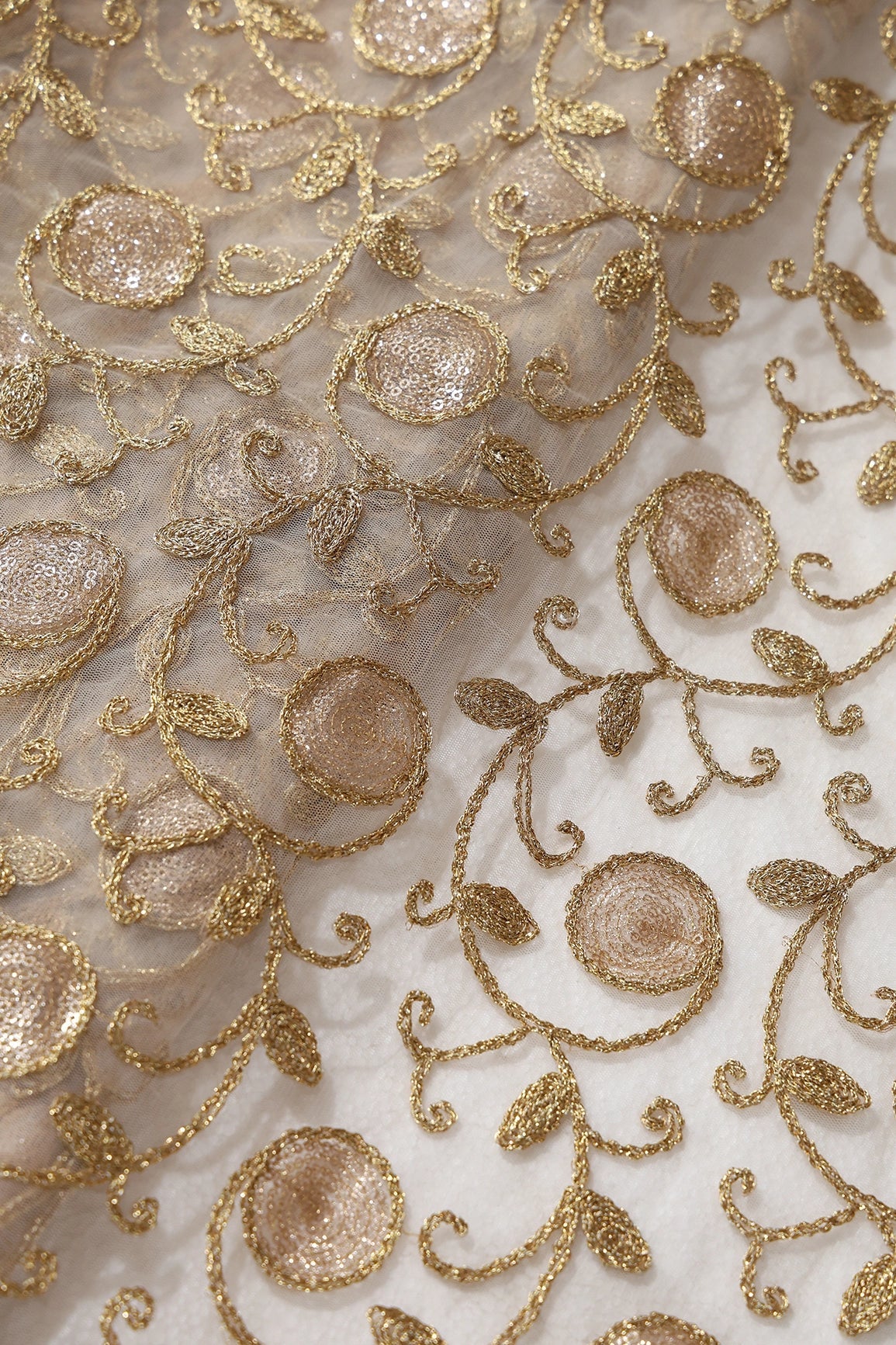 5.75 Meter Cut Piece Of Gold Sequins With Gold Zari Leafy Embroidery On Beige Soft Net Fabric - doeraa