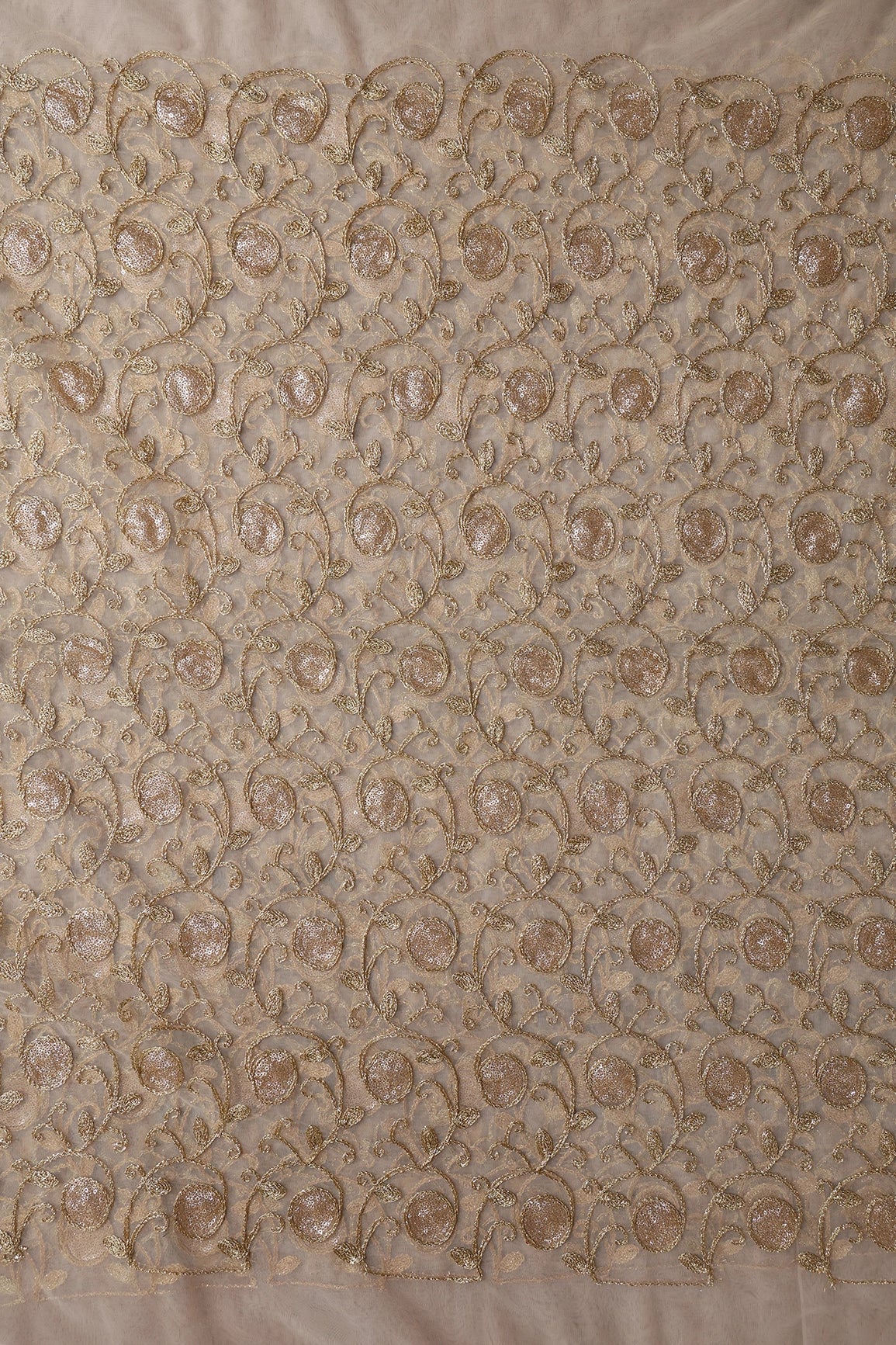 5.75 Meter Cut Piece Of Gold Sequins With Gold Zari Leafy Embroidery On Beige Soft Net Fabric - doeraa