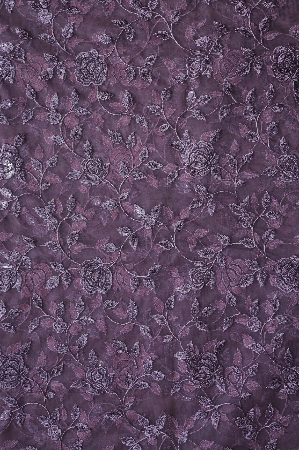 5.75 Meter Cut Piece Of Purple Thread With Sequins Floral Embroidery On Viola Purple Soft Net Fabric - doeraa