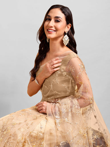Beige Net Saree Set (2 Piece)